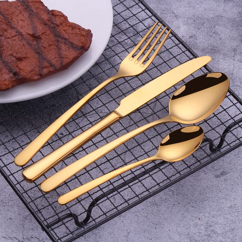 24-Piece Stainless Steel Silverware Set - Gold Flatware Cutlery for Kitchen, Dining & Travel - Knife, Fork & Spoon Tableware Set for Restaurants, Parties & Everyday Use
