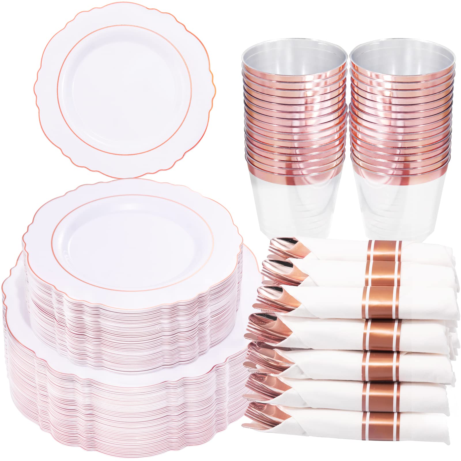350-Piece Disposable Rose Gold Plastic Dinnerware Set - Elegant Baroque Design with 100 Plates, 50 Pre-Rolled Napkins & 50 Cups | Perfect for Weddings, Parties, Bridal Showers & Elegant Events