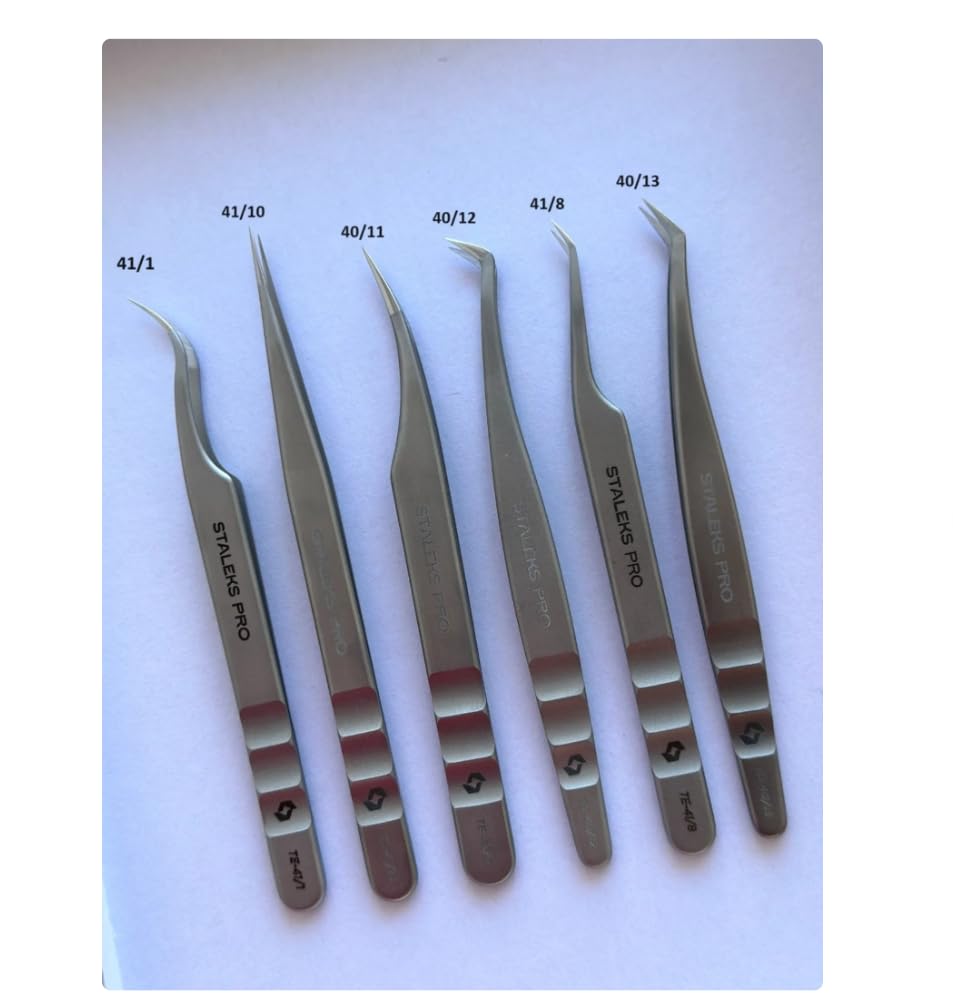 Staleks Professional Eyelash Extension Tweezers Set - Stainless Steel Curved & Bent Needle Nose Tweezers for Volume Lashes (41/10) - Perfect for Salon Professionals & DIY Lash Artists at Home