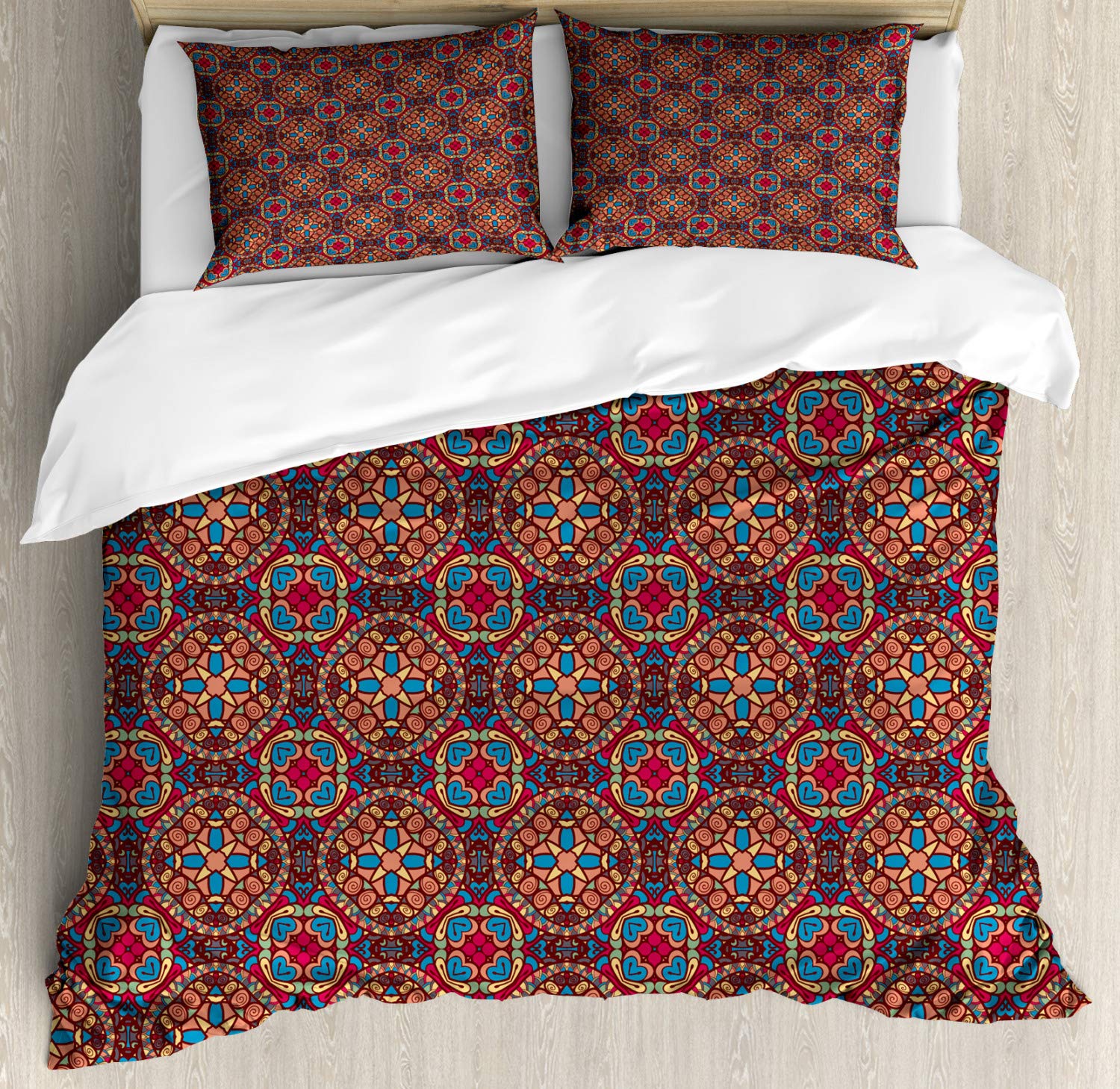 Vintage Bohemian Duvet Cover Set - Retro Eastern Design with Vibrant Geometric Patterns, 2-Piece King Size Bedding Set Includes 2 Duvet Covers & 4 Pillowcases - Perfect for Bohemian & Eclectic Bedroom Decor