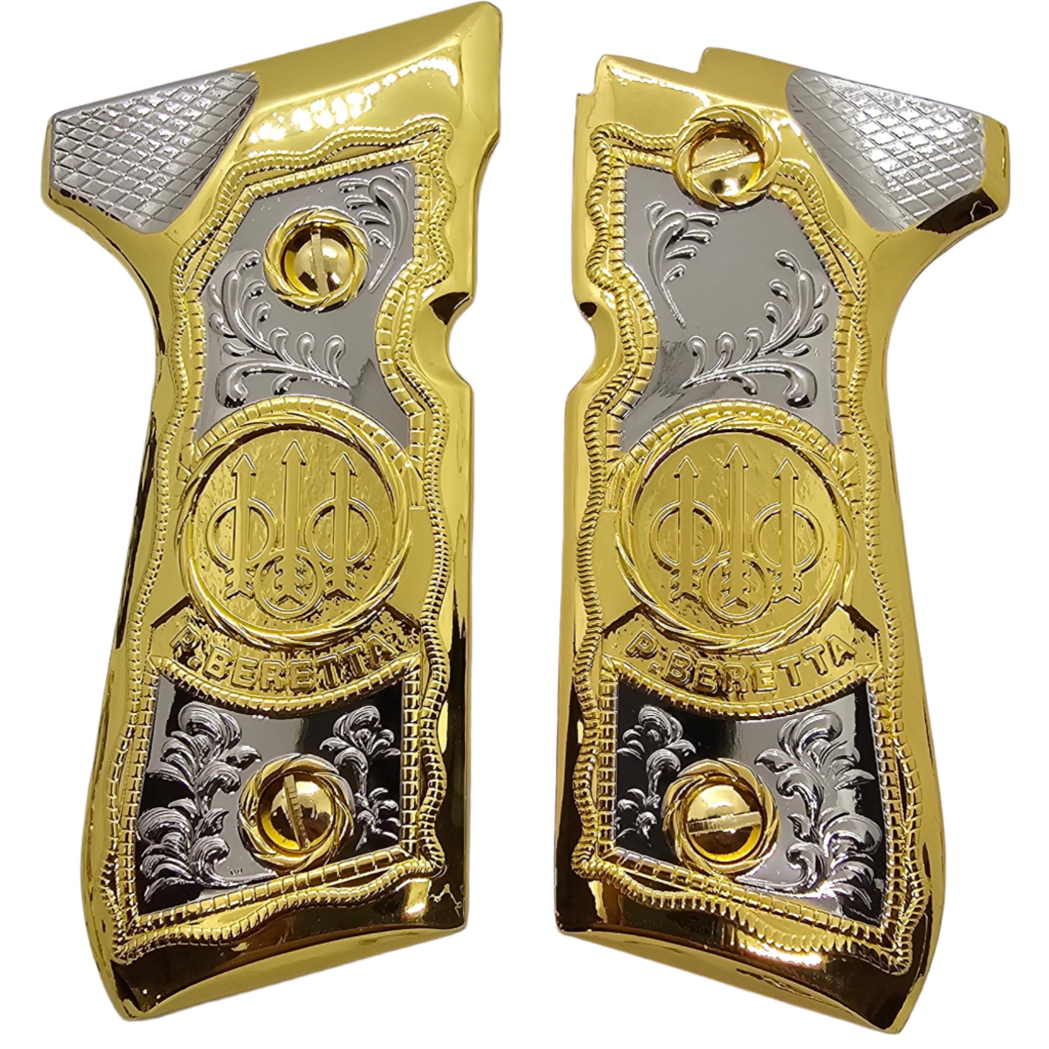 Premium Beretta 92/96 Combo Grips & Magazine Floor Plates - Nickel/Gold-Plated for 92F, 92FS, M9 & 96 Models | Enhanced Grip & Magazine Base | Perfect for Target Shooting, Competition & Concealed Carry