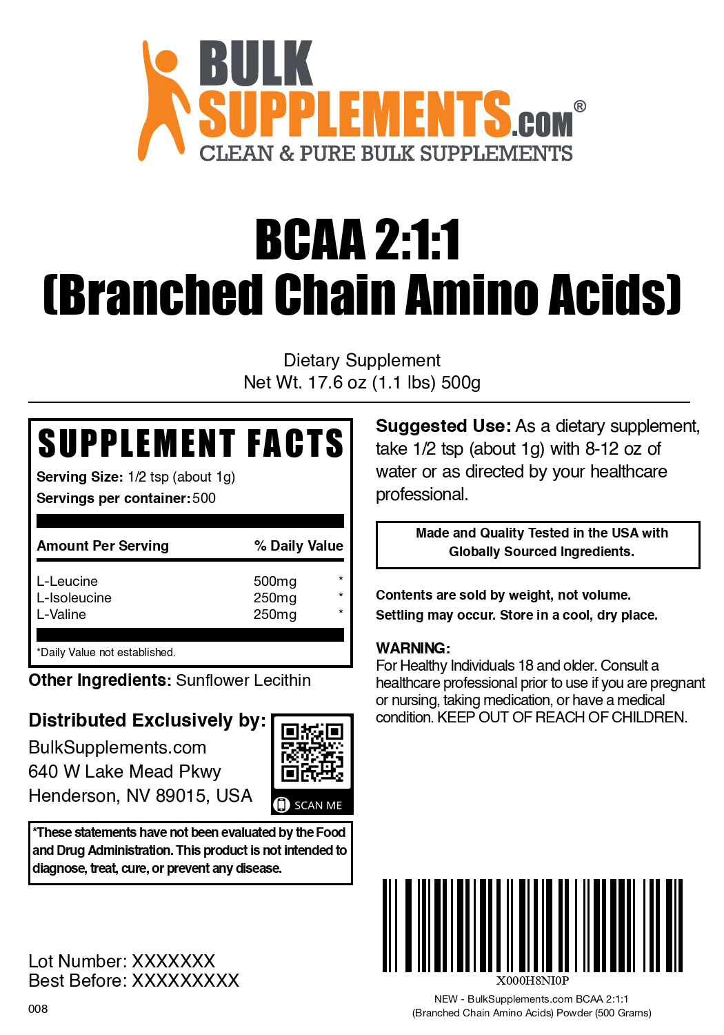 Premium BCAA 2:1:1 Powder - Branched Chain Amino Acids Supplement for Muscle Recovery & Growth - Ideal for Workouts, Fitness & Bodybuilding