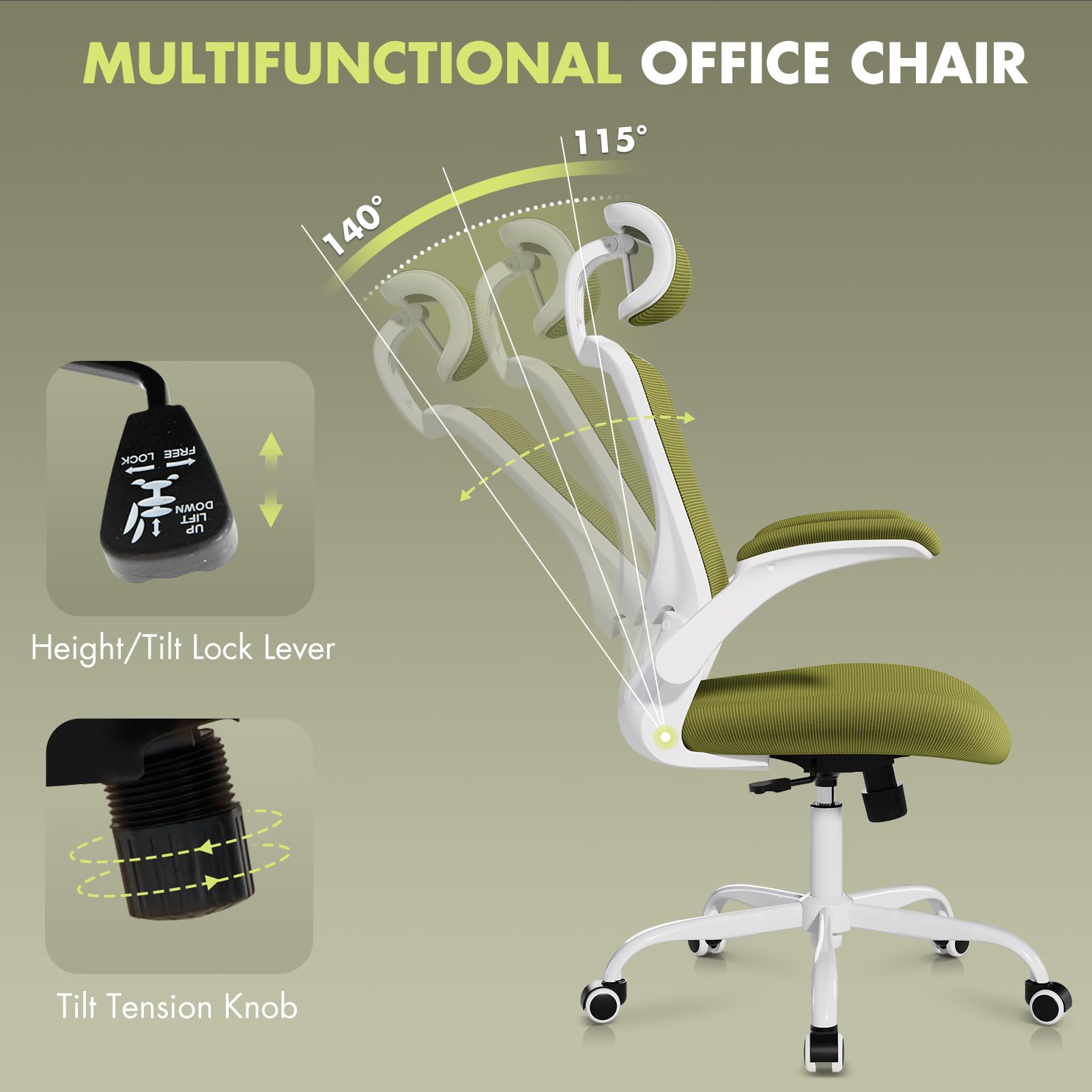 Ergonomic Office Chair with Adjustable Lumbar Support & Headrest - High Back Mesh Computer Desk Chair with Flip-Up Armrests - Breathable & Comfortable for Home Office, Gaming & Study - Green - Perfect for Long Work Hours & Remote Work