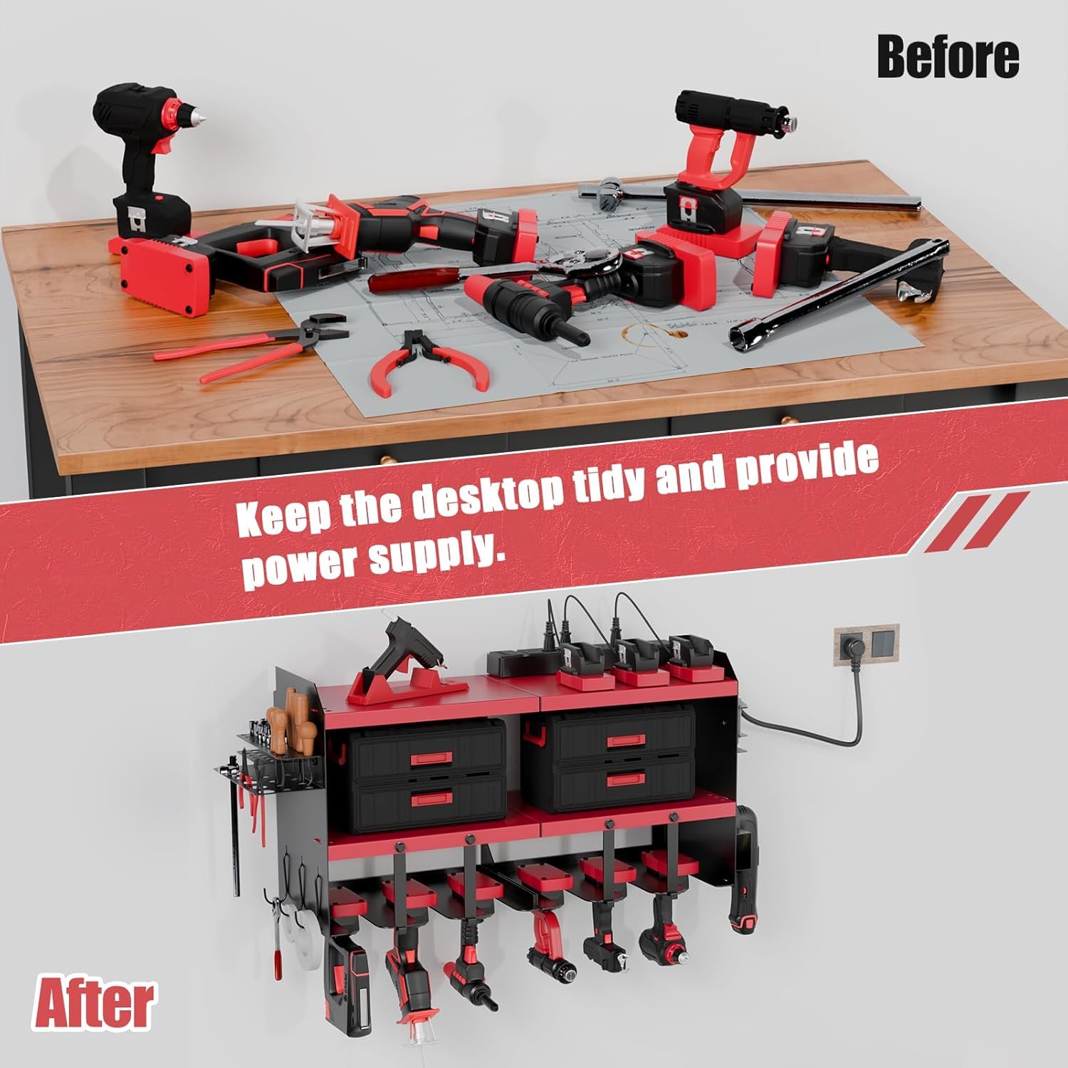 Wall Mount Power Tool Organizer with Angle Grinder Holder - 6 Outlet Power Strip & 2 USB Ports Charging Station | Perfect Workshop Storage Solution for DIY Enthusiasts & Fathers Day Gifts