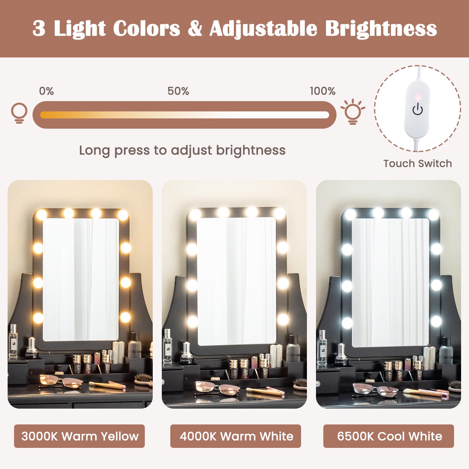 Charmaid Vanity Desk with LED Lights & Mirror - Modern Makeup Dressing Table with 5 Storage Drawers, 3-Color Lighting Modes & Adjustable Brightness - Includes Vanity Stool (Black) - Perfect for Bedroom, Dressing Room & Beauty Salon Setup