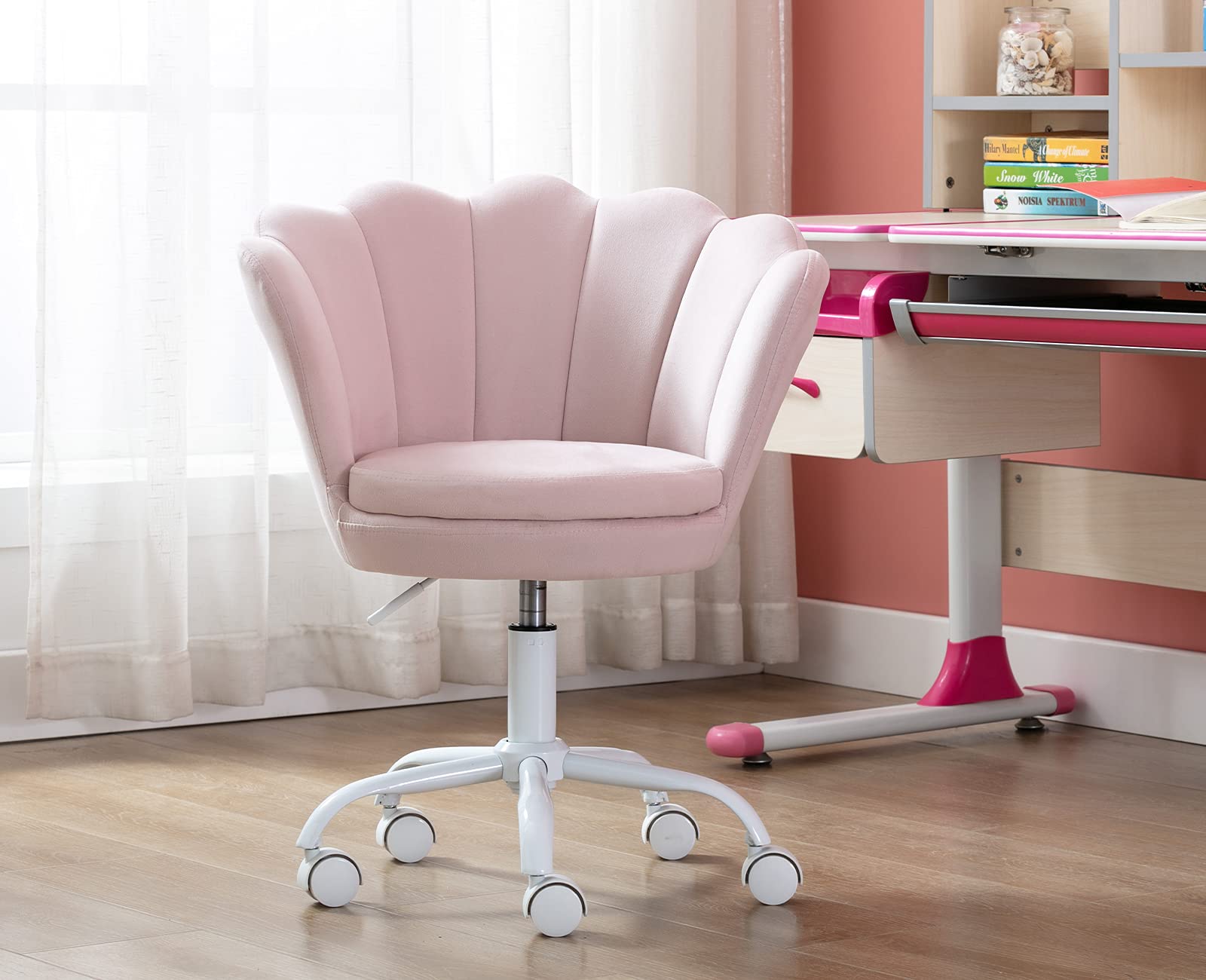 Velvet Swivel Accent Chair for Kids - Adjustable Study Desk Chair with Seashell Back, Pink Upholstered Vanity Chair for Teens' Bedroom, Living Room & Homework Station - Perfect for Computer Work, Reading & Study Sessions