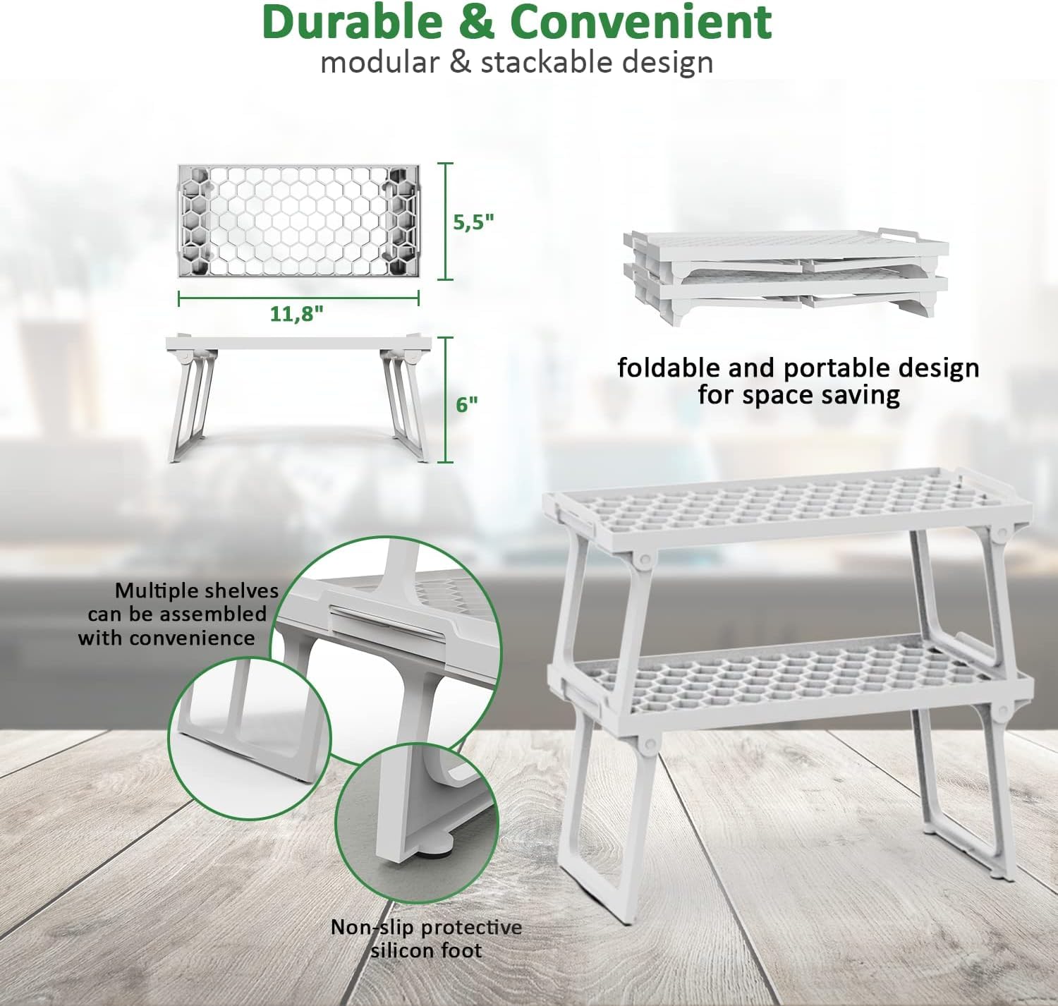 Ums Stackable White Plastic Kitchen Cabinet Shelf Organizers - 12 x 5.5 Inch Freezer & Refrigerator Storage Racks for Spices, Pantry - Space Saving Shelf Risers (Pack of 4) - Perfect for Organizing Small Items in Fridge, Cabinets or Closet Storage