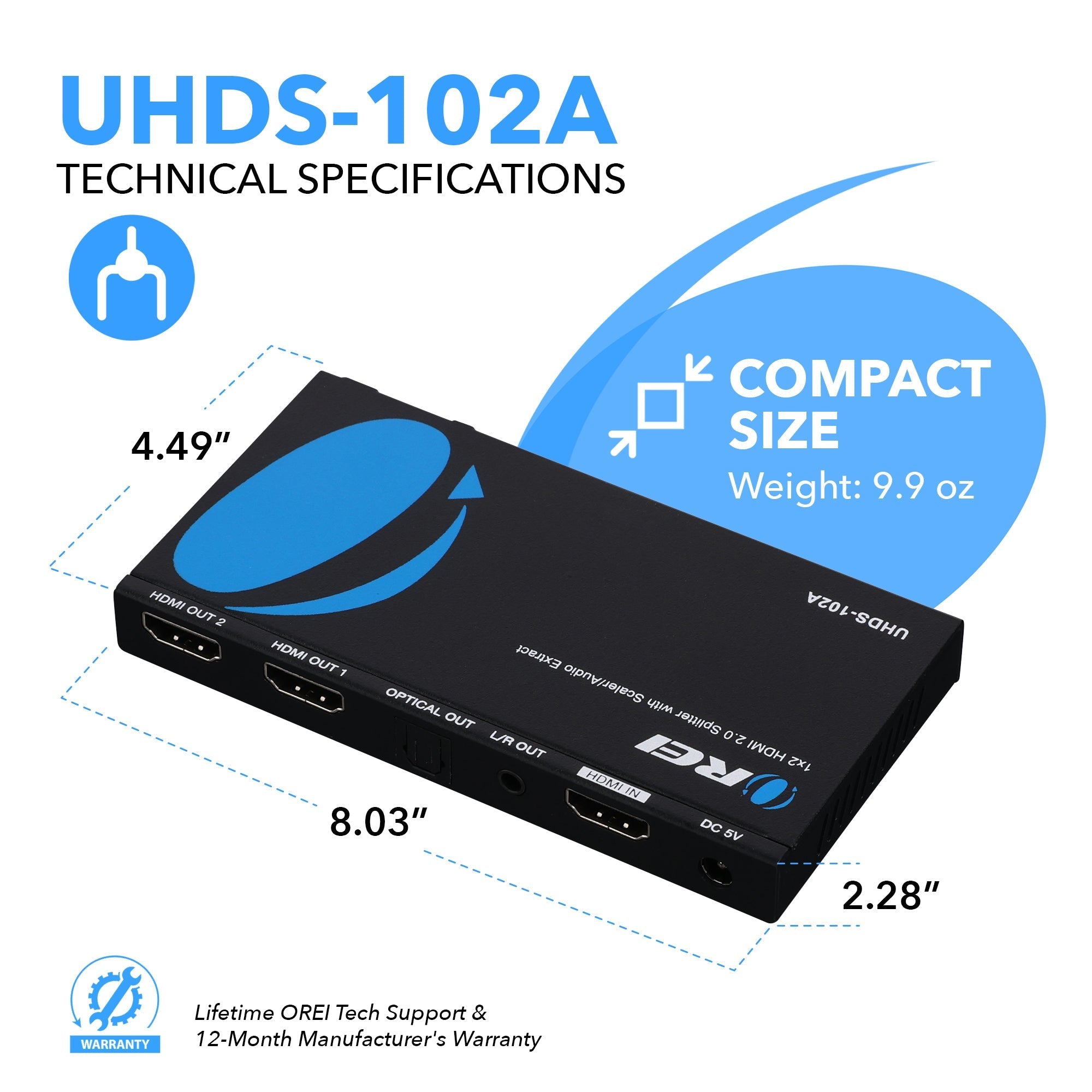 1x2 HDMI Splitter 4K Ultra HD - 1 Input 2 Output with EDID, Downscaling & Audio Extraction (UHDS 102A) for Home Theater & Multi-Screen Setup