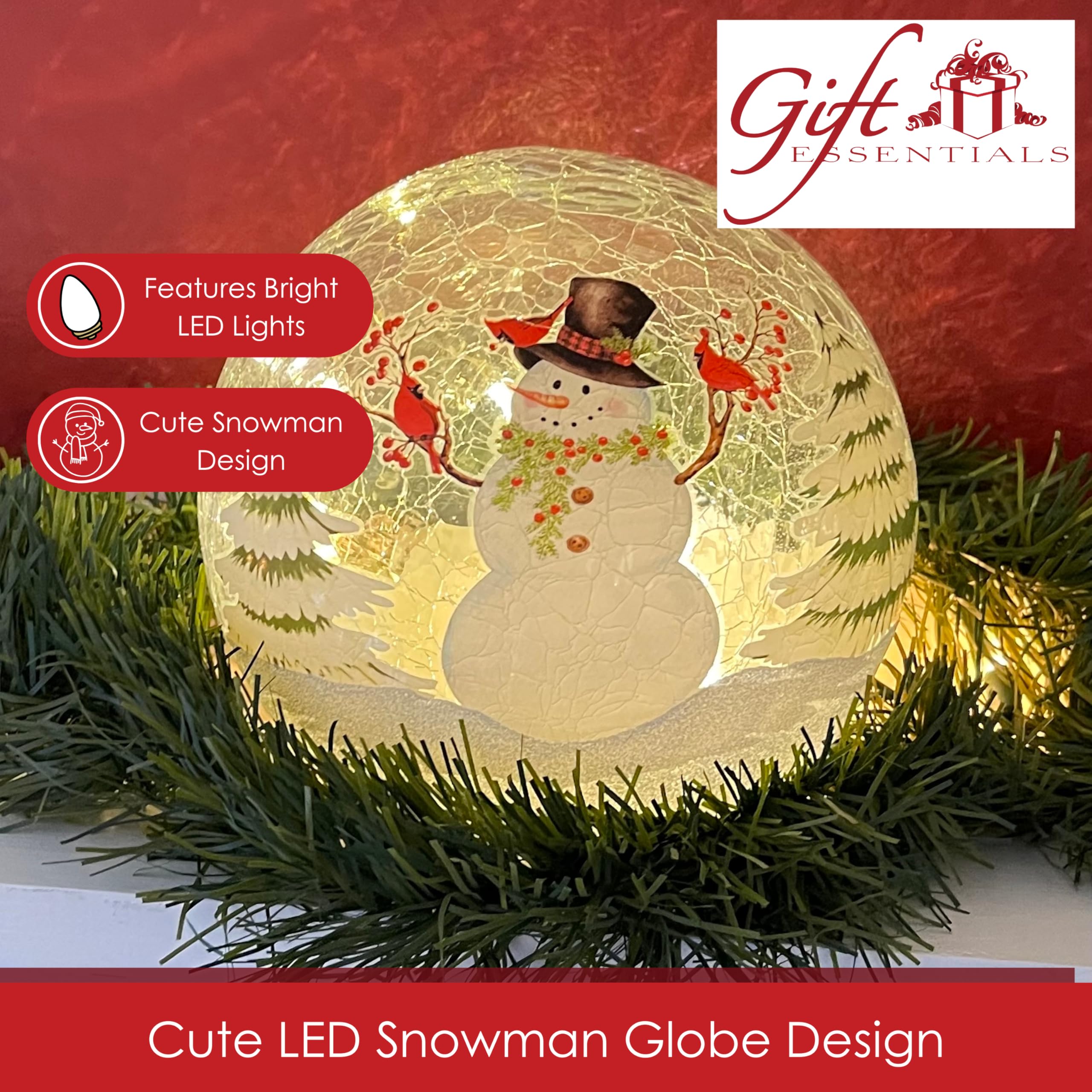 Snowman with Cardinals Crackle Glass Globe - LED Light Up Christmas Ornament - Battery Operated Holiday Home Decor (Requires 3 AA Batteries) - Perfect for Mantel, Tabletop & Holiday Gift Giving