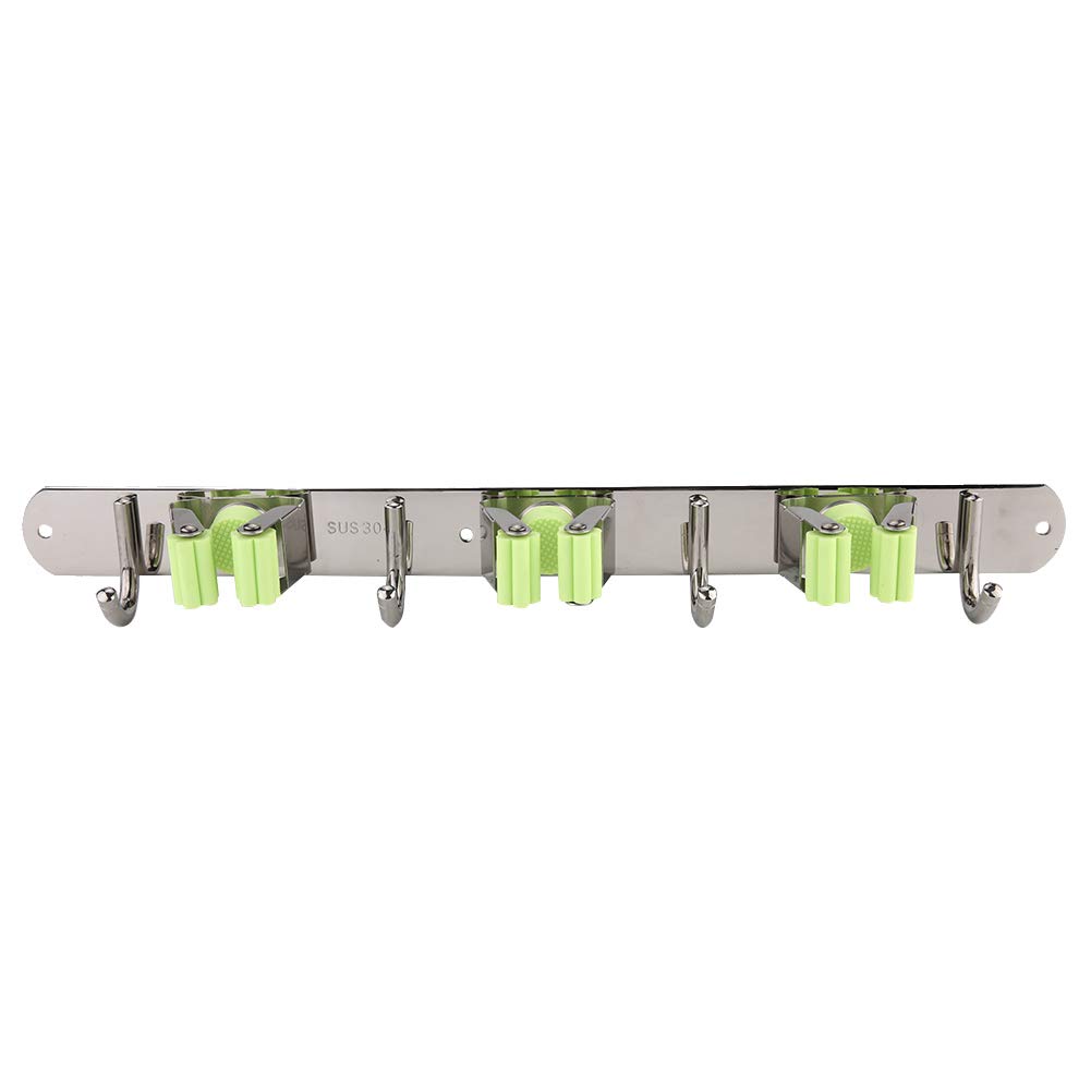 Allsor Heavy Duty Stainless Steel Mop and Broom Holder with 4+3 Buckle - Wall Mount Hook Organizer for Hats, Bags, and Cleaning Tools - Perfect for Kitchen, Garage, and Utility Room Storage