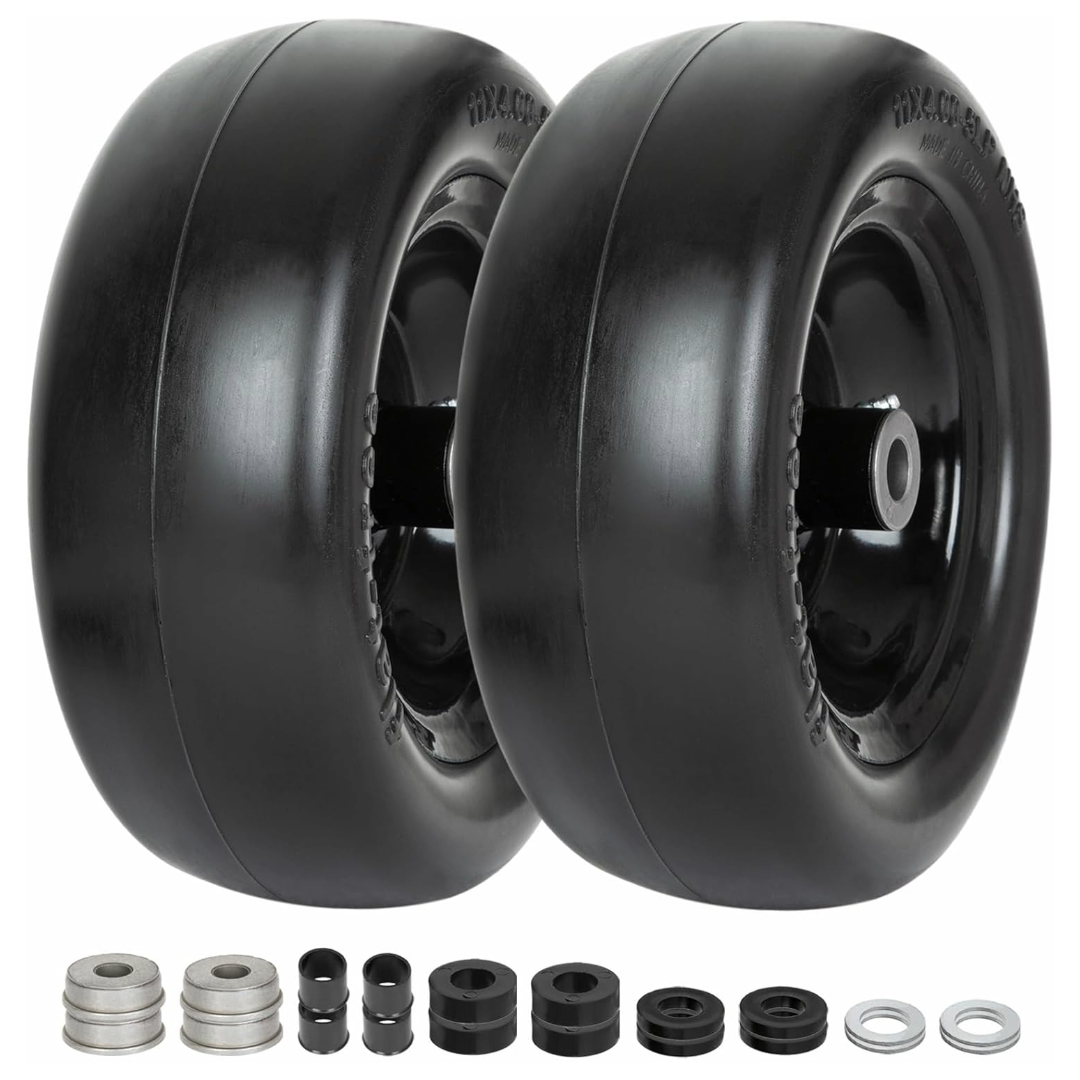 WEIZE 11x4.00-5 Universal Fit Flat Free Lawn Mower Tires with Wheel Assembly - 300lbs Capacity (2 Pack) - Compatible with 3.4