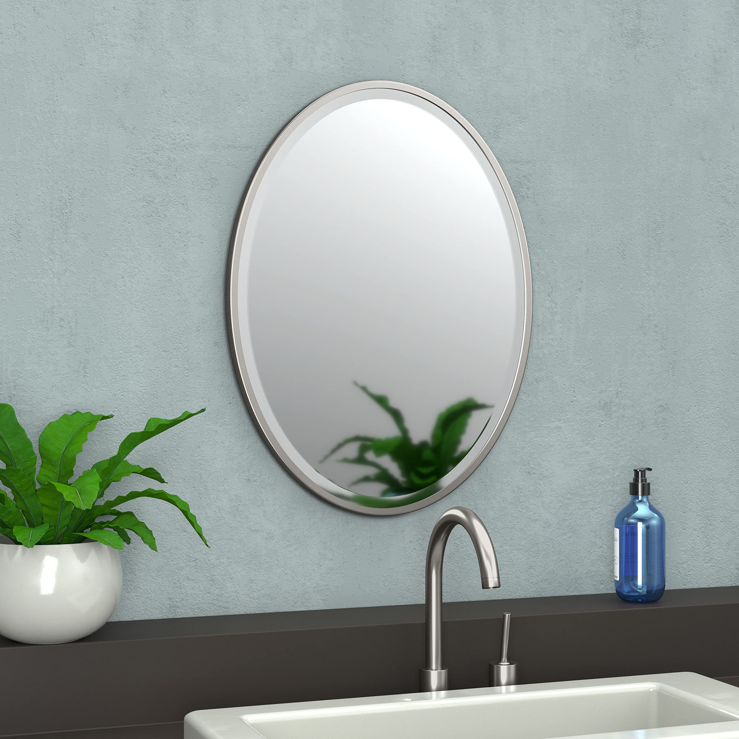 Gatco 1830 Modern Oval Bathroom Wall Mirror 28x21 Inch - Slim Beveled Framed Vanity Mirror in Satin Nickel for Bathroom, Living Room & Bedroom - Easy Mount Safety Bracket - Perfect for Home Decor & Makeup Area