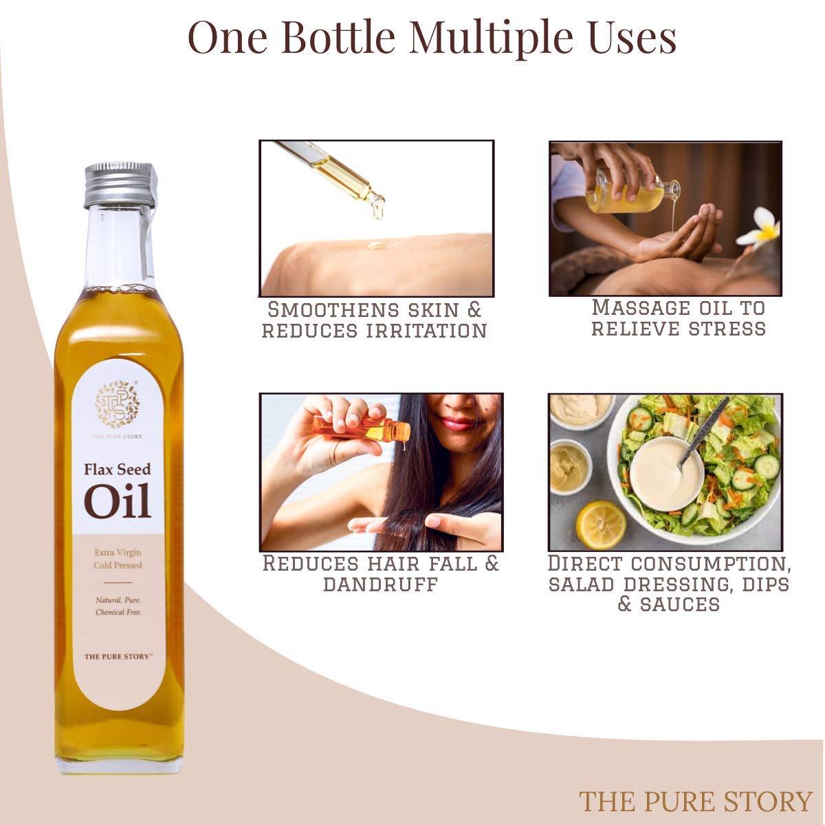 Pure Flaxseed Oil 100% Natural Cold-Pressed | Rich in Omega 3,6,9 Fatty Acids | Organic Hair & Skin Care | Glass Bottle (250ml) | Perfect for Smoothies, Salad Dressings & DIY Beauty Recipes