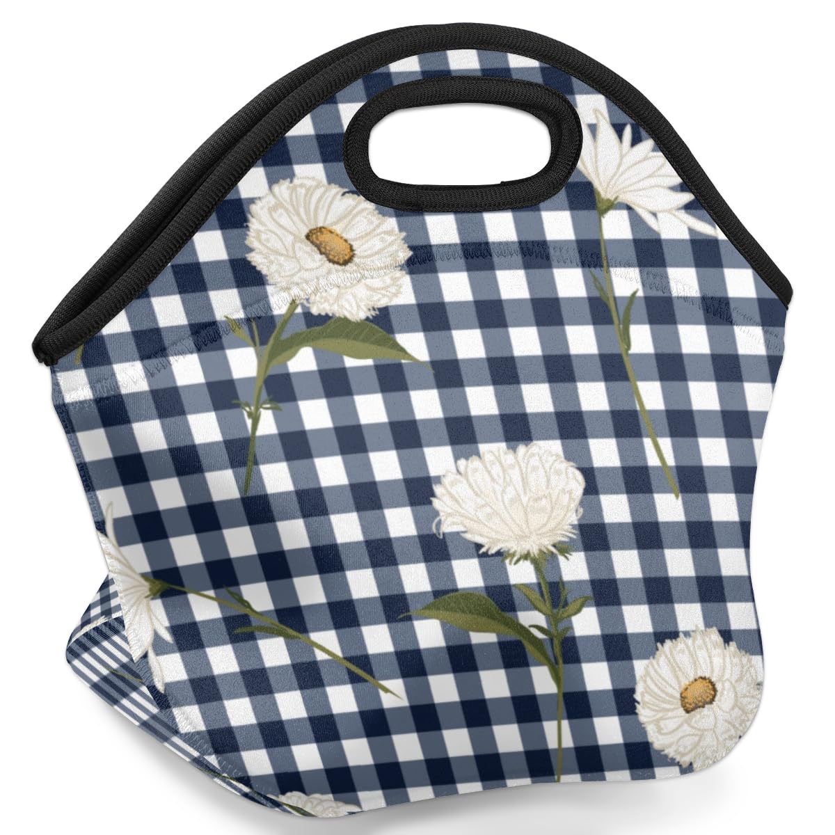 QsirBC Insulated Neoprene Lunch Bag with Daisy Plaid Design - Reusable Leakproof Lunch Box for Work, School, Picnic, Camping, Beach & Fishing - Portable Food Container for Men & Women (Keep Meals Fresh 4-6 Hours)