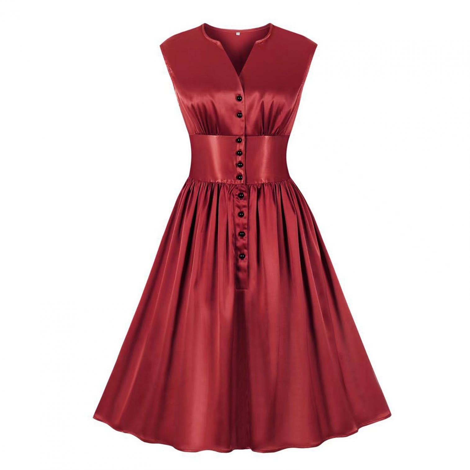 Elegant Women's Satin V-Neck Sleeveless Retro Midi Dress - High Waist Button Front Solid Color Formal Dress for Wedding Guest, Party, Cocktail & Special Occasions