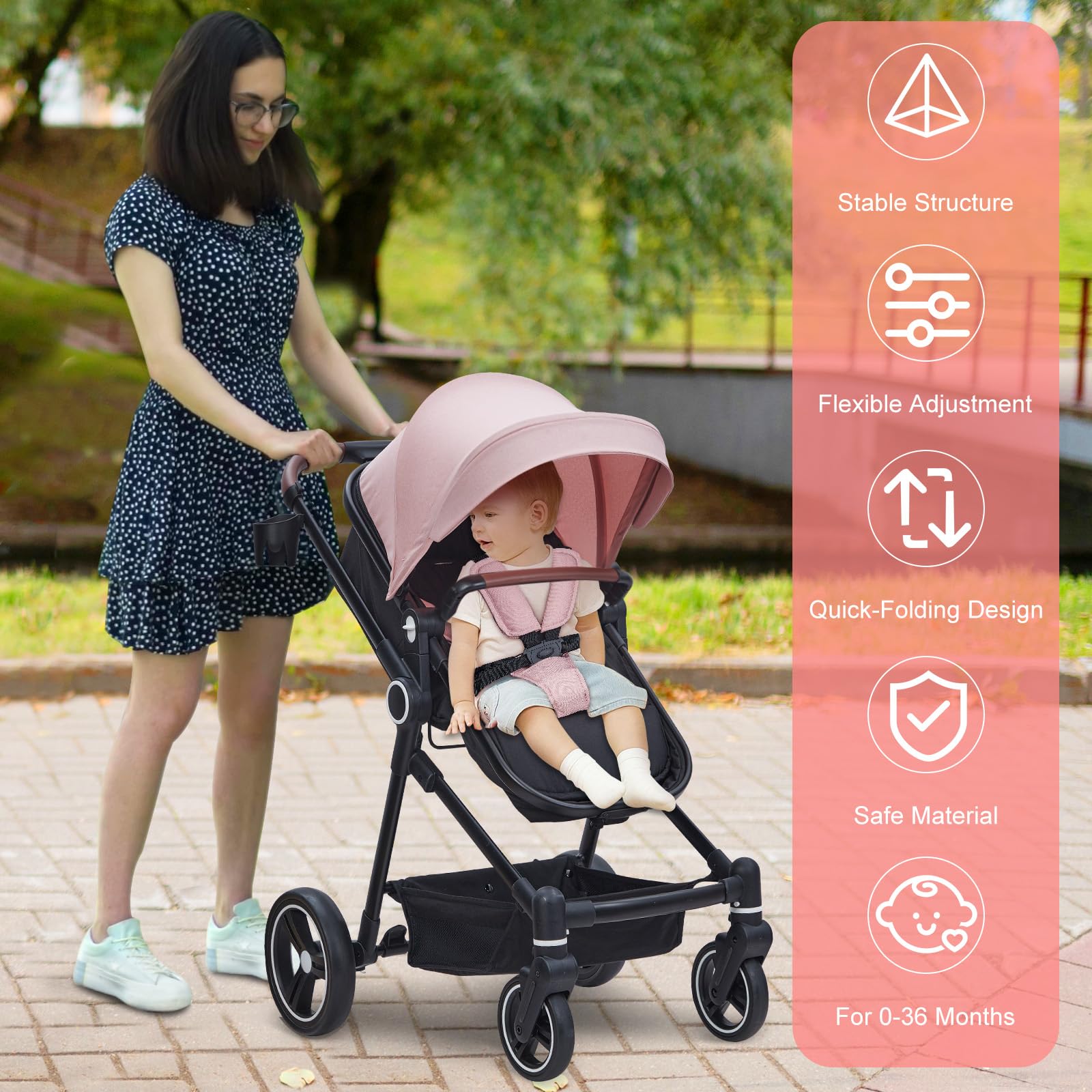 2 in 1 Baby Stroller for Newborn to Toddler (0-3 Years) - Convertible Bassinet Stroller with Large Storage Basket, Shock Absorption & Removable Seat - Includes Cup Holder - Perfect for Walks, Shopping & Travel