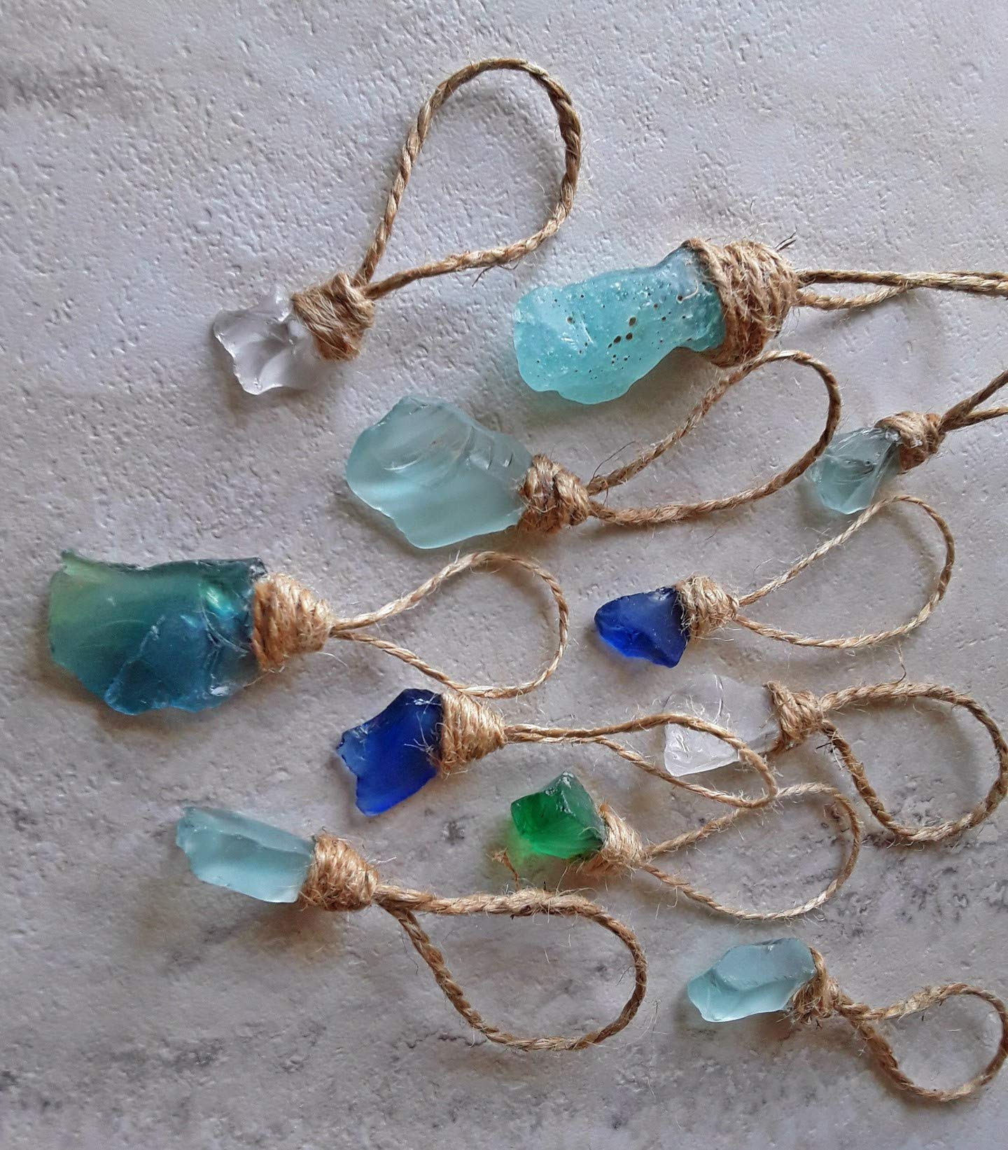 Ocean Inspired Beach Themed Tropical Sea Glass Ornament Sets - Natural Sea Glass with Jute Rope, 10-Piece Set for Home Decor, Wedding Favors, DIY Crafts & Coastal Themed Parties