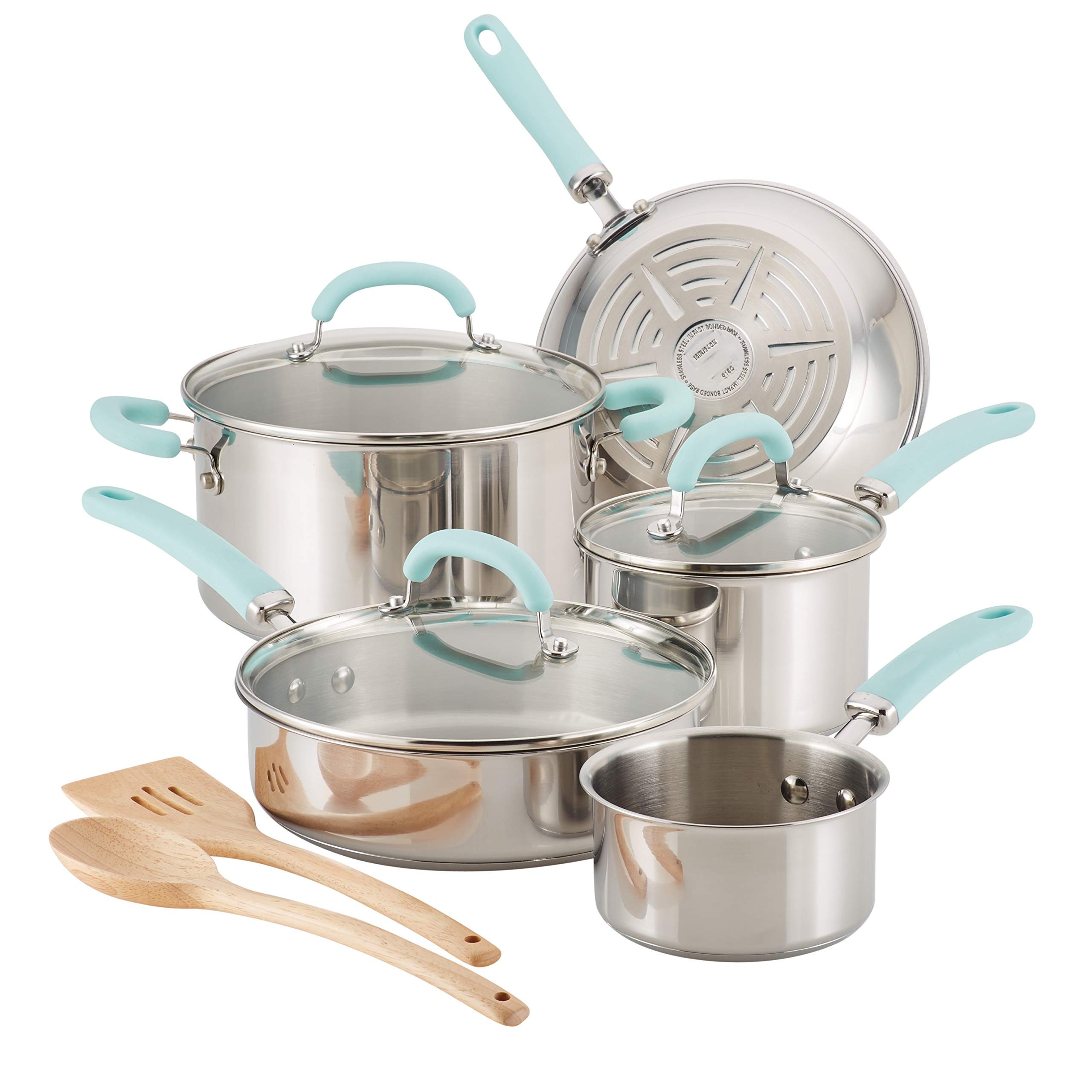 Rachael Ray 10-Piece Stainless Steel Cookware Set with Light Blue Handles - Nonstick Pots & Pans for Induction Cooking | Perfect for Home Chefs & Professional Kitchens