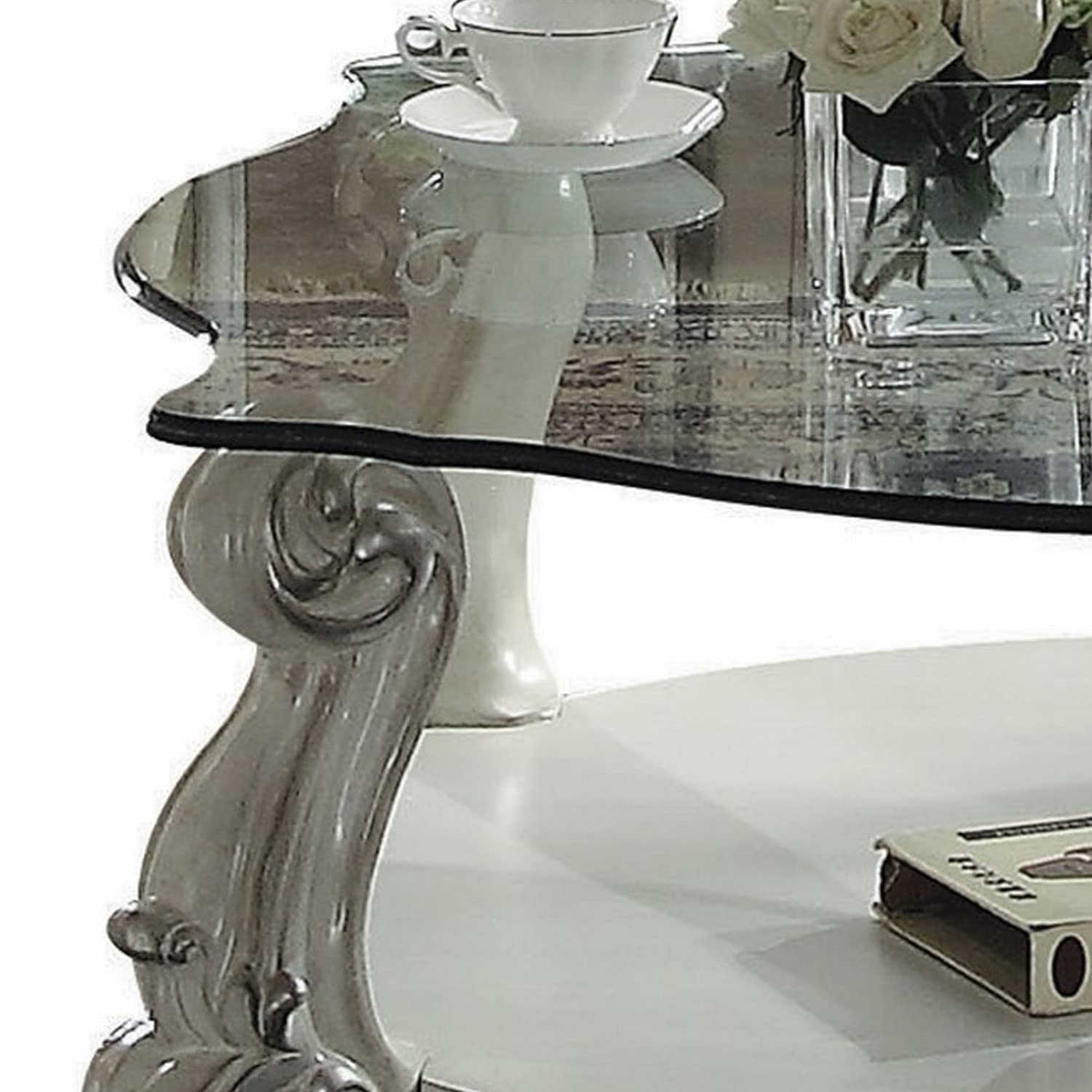 Benjara Modern White Curved Glass Top Coffee Table with Open Shelf - Stylish Living Room Furniture for Small Spaces & Apartments