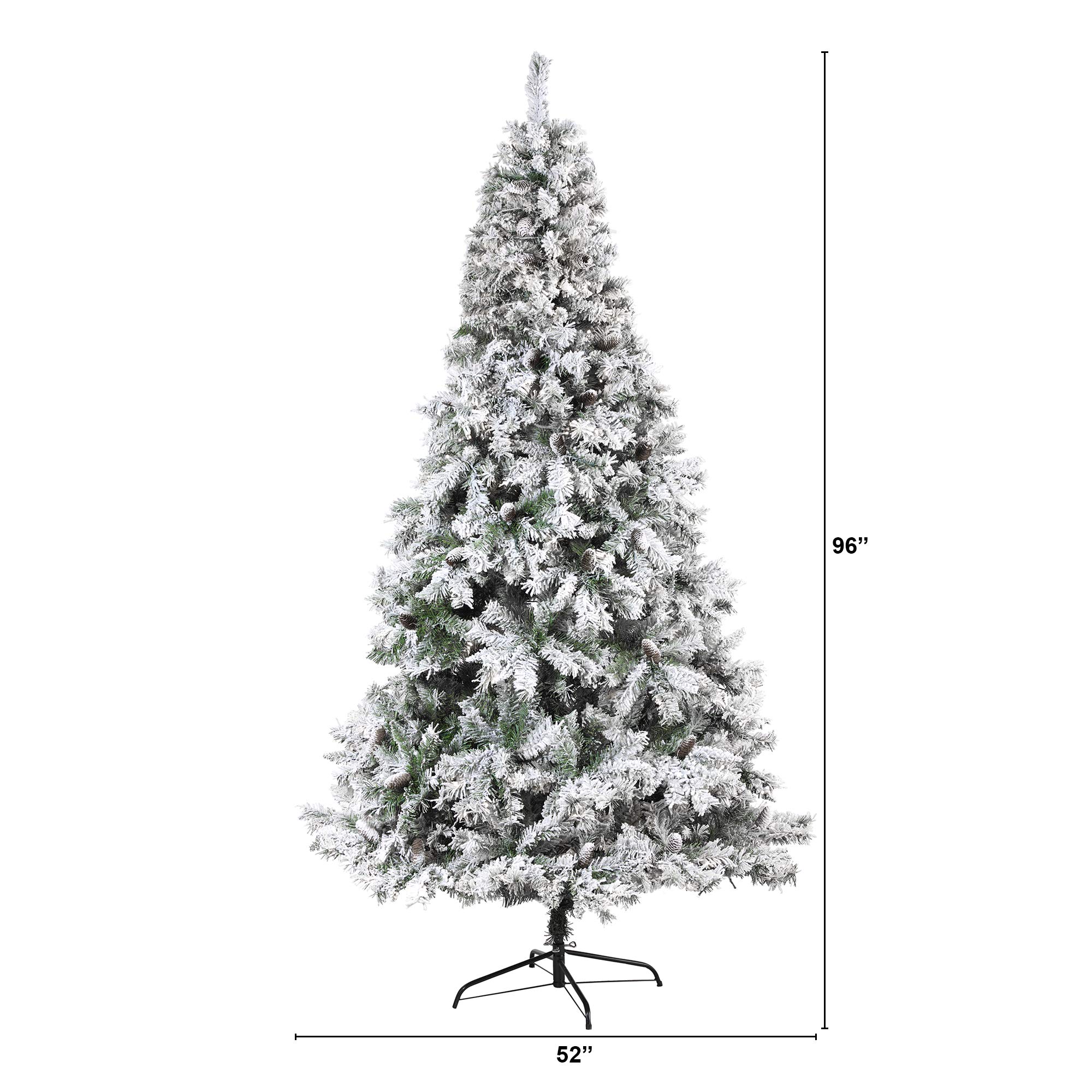 Nearly Natural 8ft Flocked White River Mountain Pine Artificial Christmas Tree with Pinecones - Perfect for Holiday Home Decor, Office, and Christmas Party Decoration