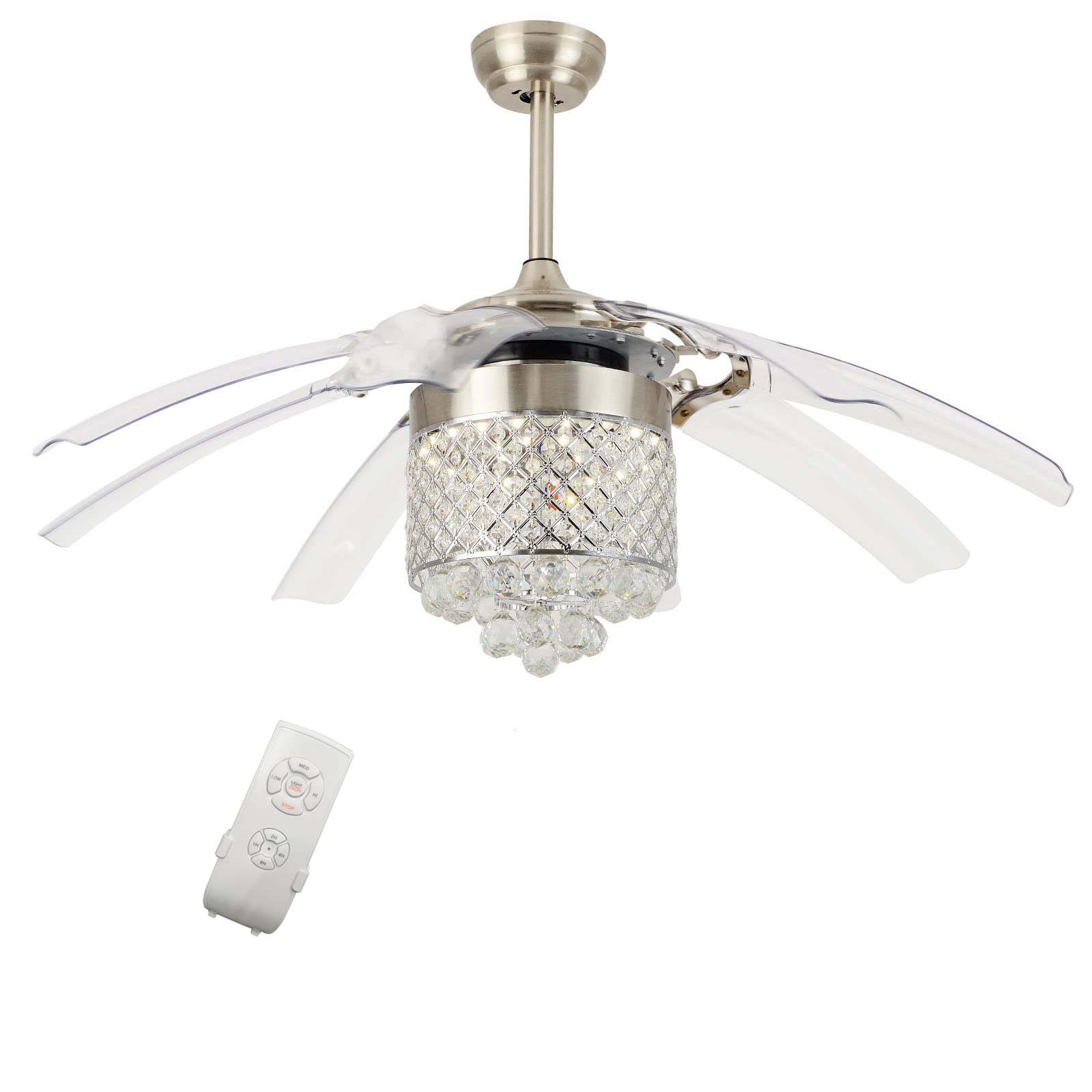 42 Inch Crystal Ceiling Fan with Light - Modern Invisible Chandelier Fan with 8 Retractable Blades, Remote Control, 3 Speed Settings & 3 Color Temperatures - Adjustable Luxury Fan Lamp for Living Room, Bedroom, and Dining Room