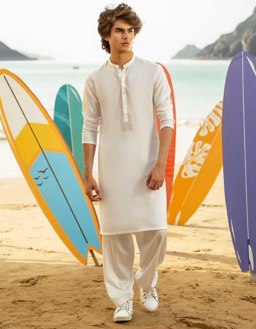 Elegant Blended White Shalwar Kameez by J. Junaid Jamshed - Premium Pakistani Traditional Outfit for Men - Perfect for Weddings, Eid & Special Occasions