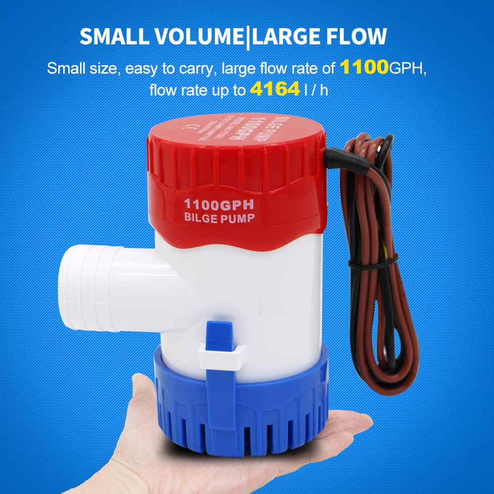 1100GPH 12V Electric Bilge Pump - Ultra Quiet Submersible Water Pump for Boats, Yachts, RVs & Pools | Marine Bilge Pump for Flood Control, Deck Drainage & Water Transfer