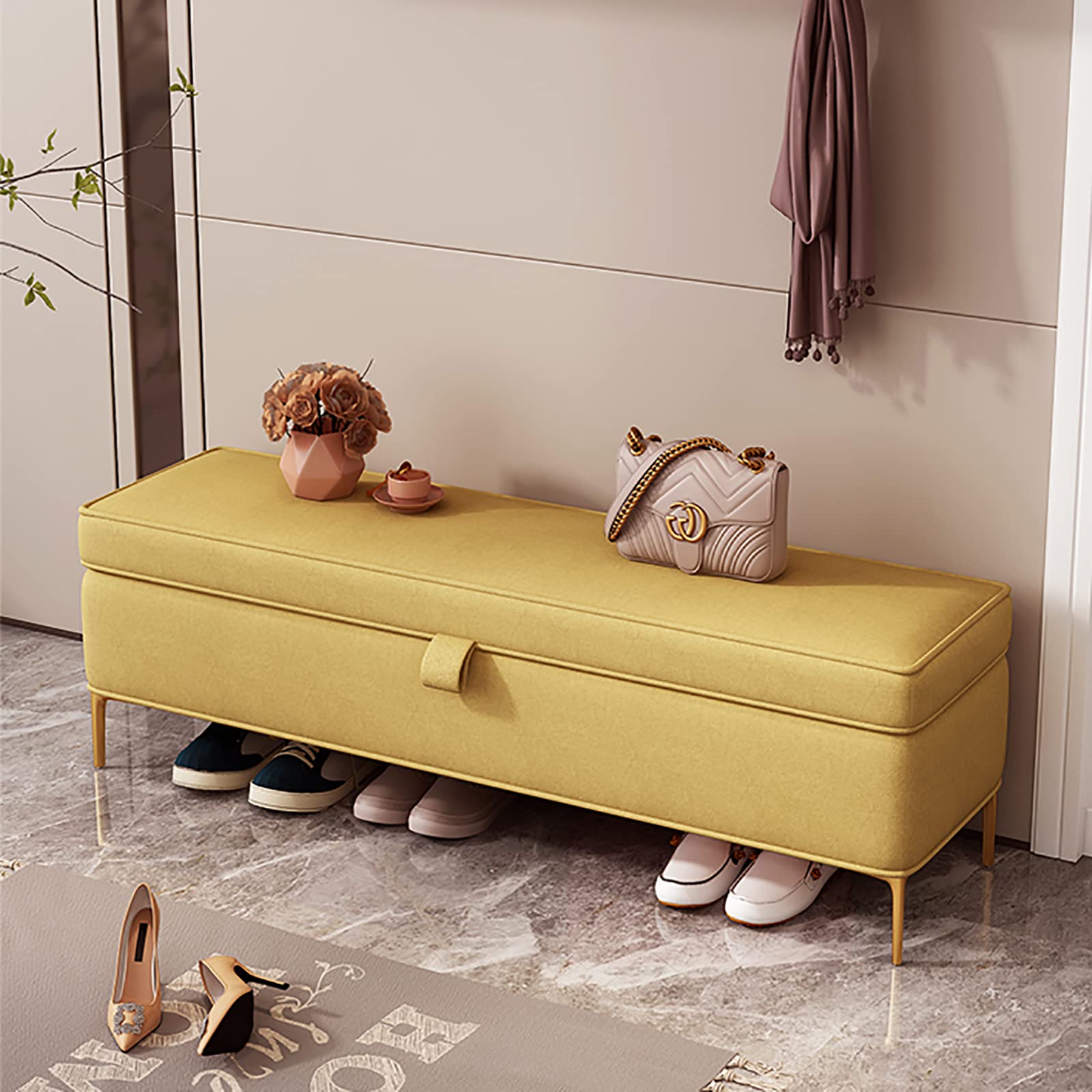 LJCM Faux Leather Storage Ottoman Bench - 80x40x45cm (31x16x18inch) Yellow, Premium Upholstered Bedroom Bench with Hidden Storage, Modern End of Bed Bench for Shoes & Blankets - Perfect for Bedroom, Living Room & Entryway Organization