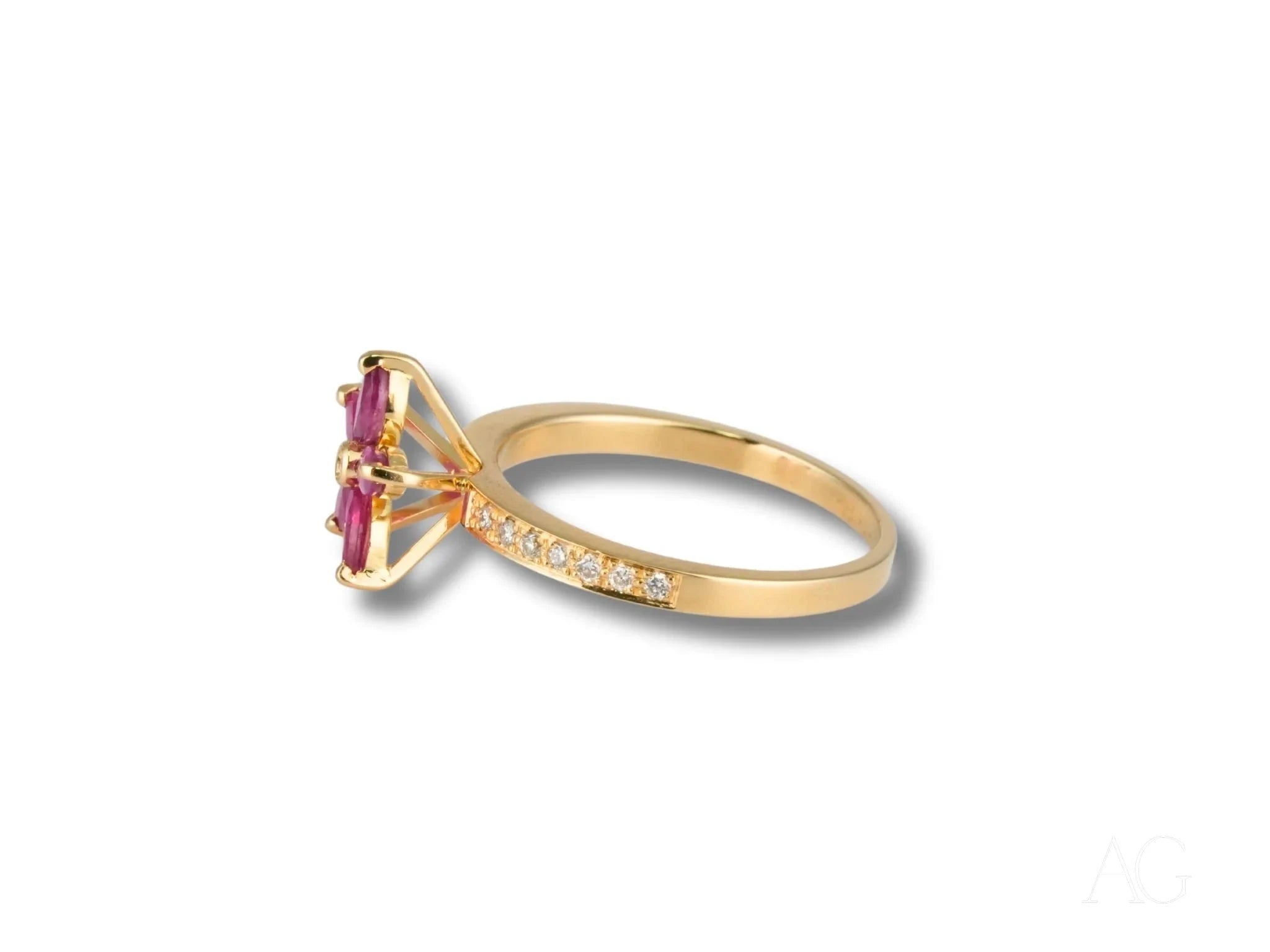 18k Gold Ruby Flower & Diamond Ring for Women - Elegant Floral Jewelry Gift for Anniversary, Engagement, Wedding & Special Occasions