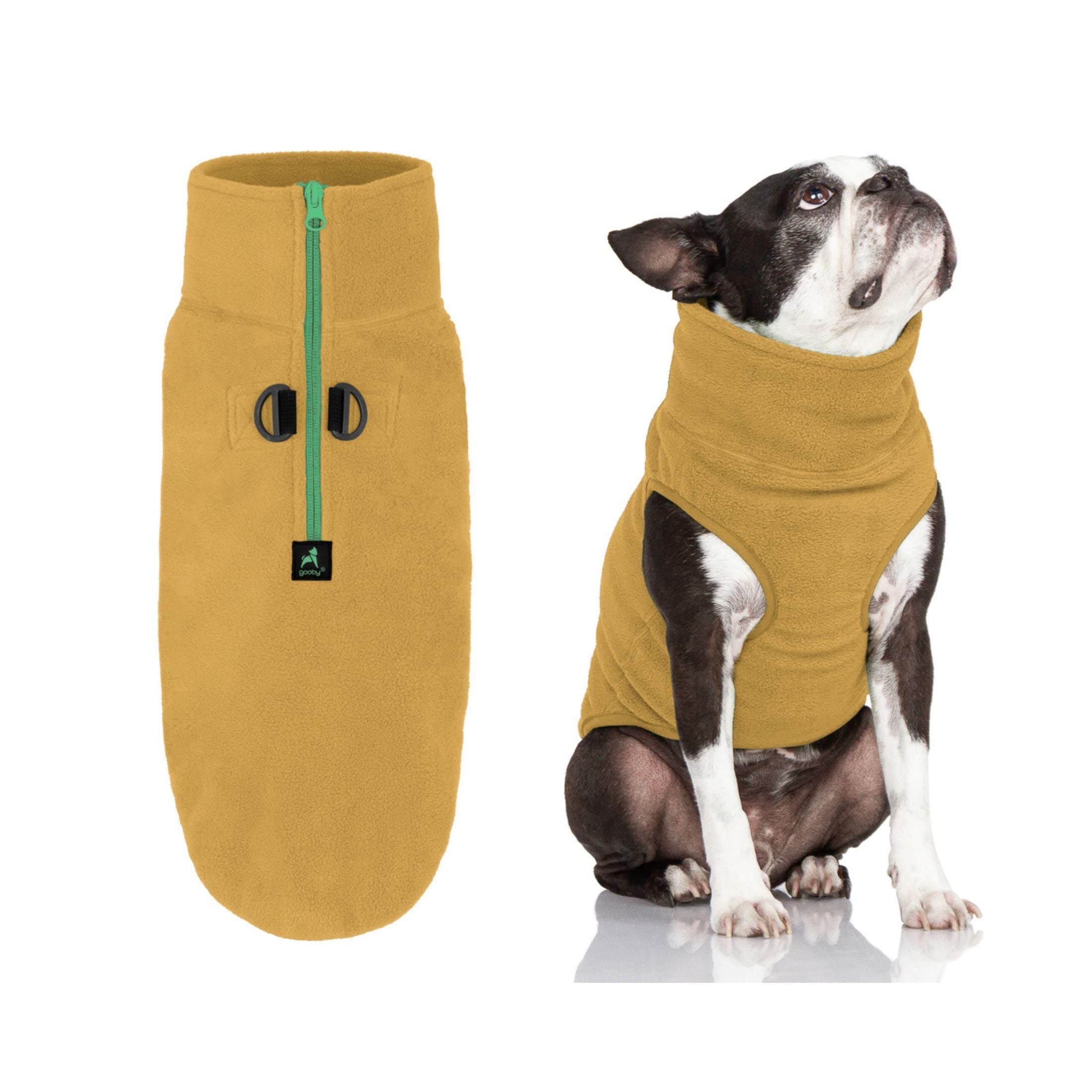 Gooby Half Zip Up Fleece Vest Dog Sweater - Soft & Warm Winter Pullover Jacket for Small & Medium Dogs with D-Ring Leash Attachment (Sand, Small) - Perfect for Outdoor Walks, Cold Weather Protection & Stylish Pet Fashion