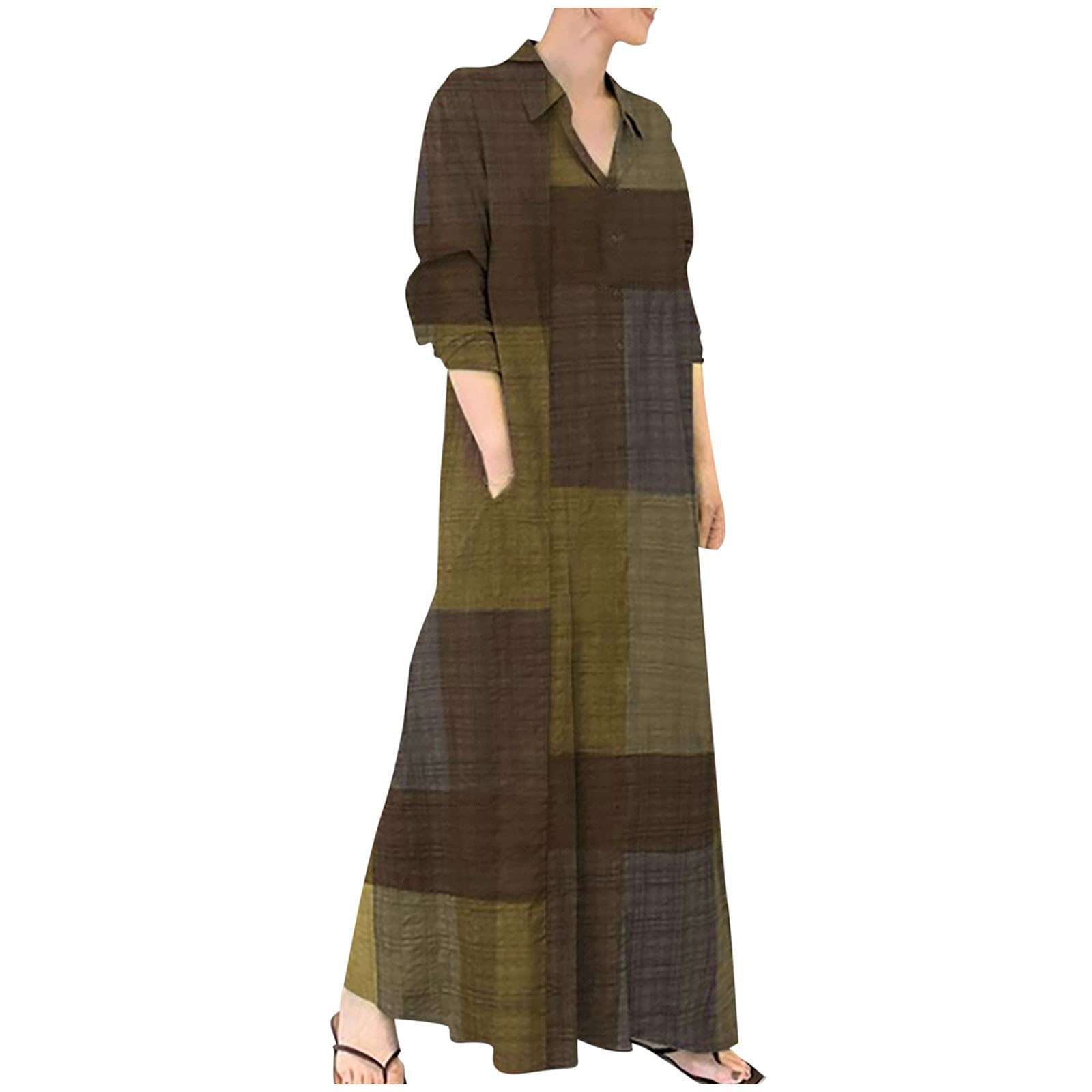 Floral Print Women's Loose Fit Long Sleeve Plaid Cotton Linen Shirt Dress with Pockets - Casual Boho Style for Spring Summer Outfits, Beach Wear and Office Attire