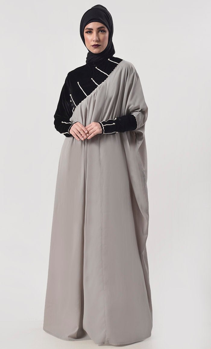 Elegant Black and Grey Contrast Asymmetrical Abaya Kaftan Dress - Perfect for Ramadan, Eid, Wedding & Special Occasions