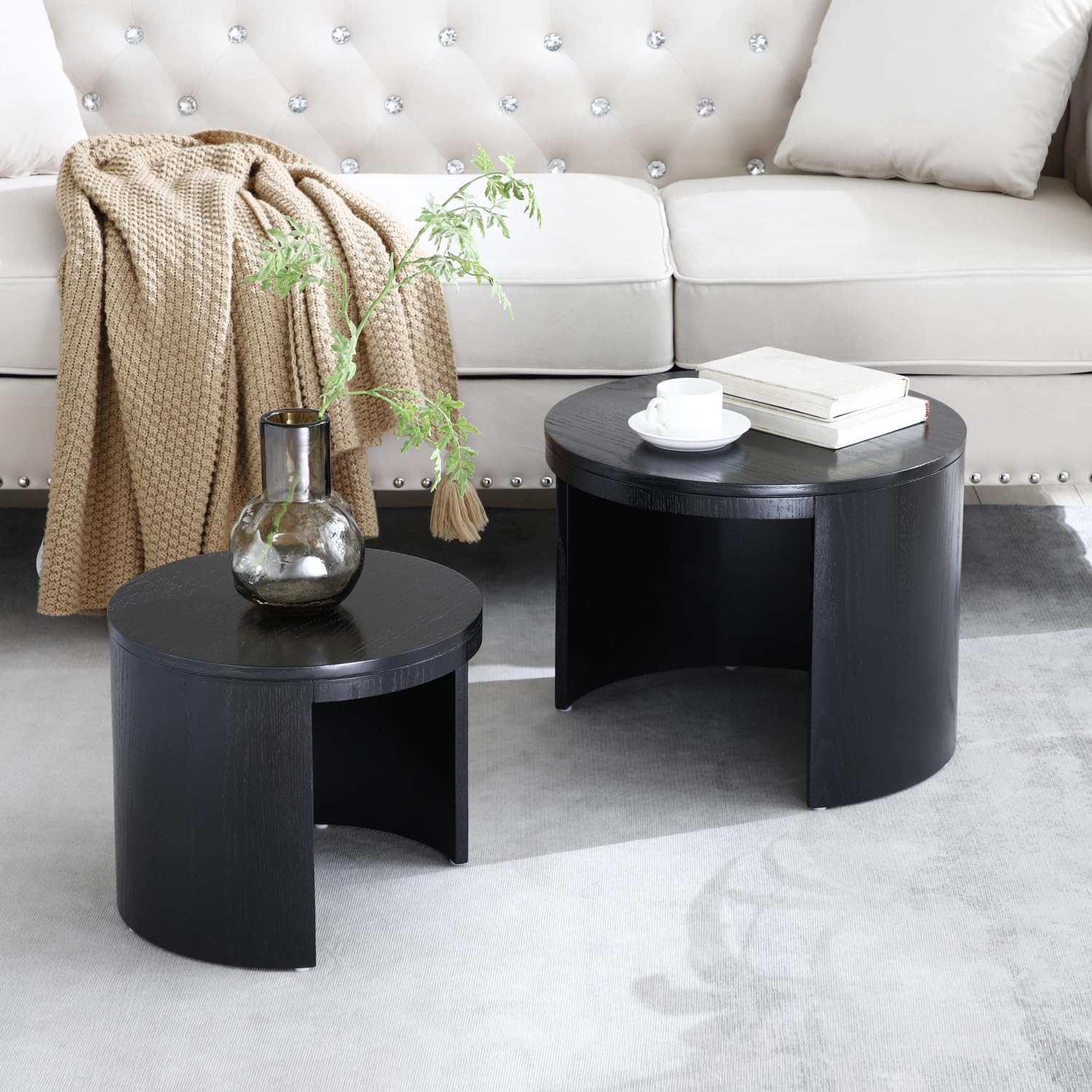 Modern Round Nesting Coffee Table Set of 2 - Wooden Drum Side Tables with Non-Slip Feet for Small Spaces | Perfect for Living Room, Bedroom, Balcony & Office Decor | Black Accent Tables