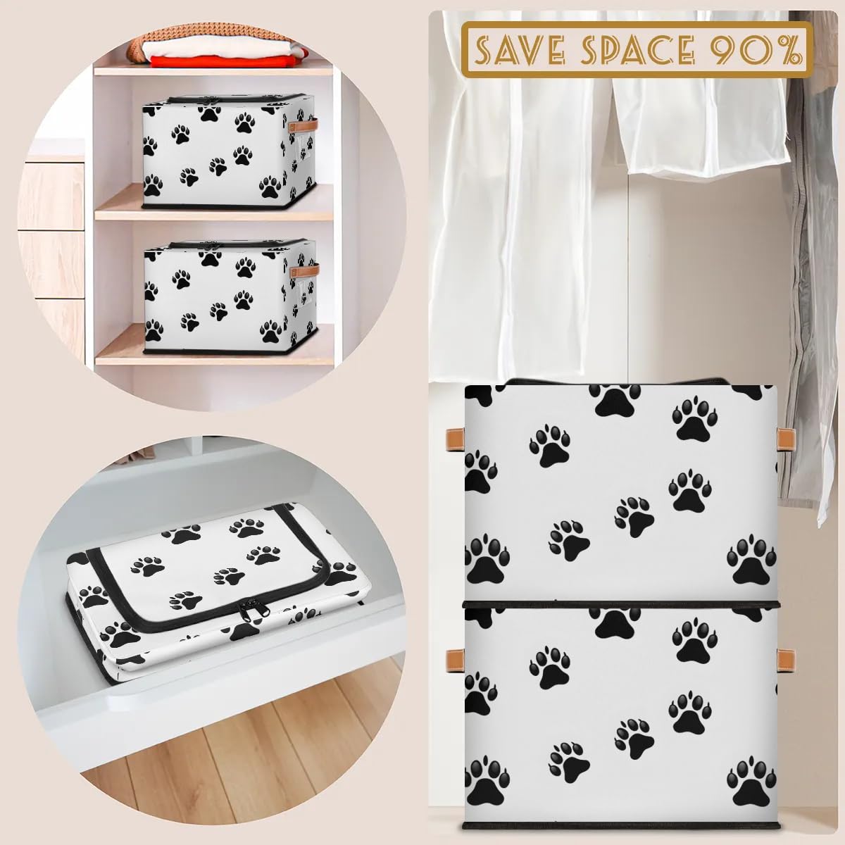 Dog Paw Print Collapsible & Stackable Storage Bins with Lids - Fabric Closet Organizer for Clothes, Toys, Blankets & Home Organization | Perfect for Pet Supplies, Kids' Room & Bedroom Storage