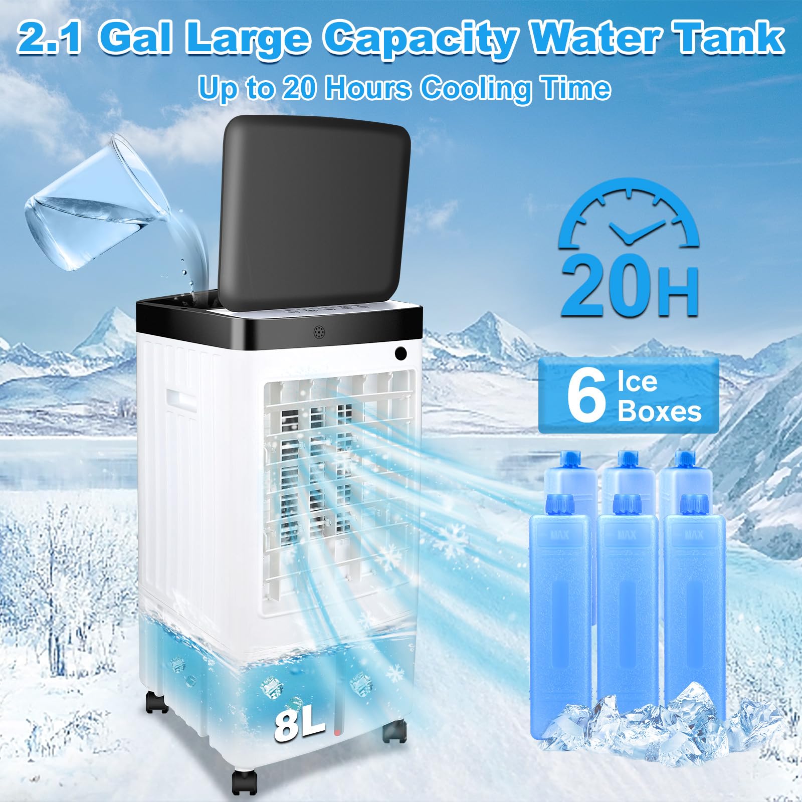2024 New Portable Air Conditioner - 8L Water Tank, Remote Control, 3 Speed & 70° Oscillation - Ultra Quiet Swamp Cooler with 6 Ice Packs for Fast Cooling - Perfect for Bedroom, Office & Small Rooms (Home, Dorm & Office Use)