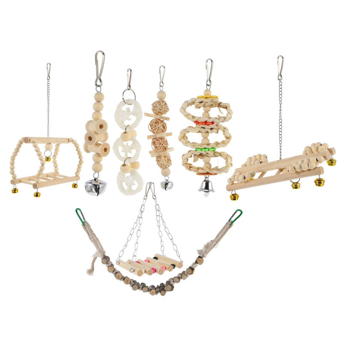 Balacoo 8pcs Wooden Bird Toy Set - Hanging Swing, Chewing Toys & Play Stand for Parrots | Durable Parrot Bite Toys & Perch Rod for Cage Enrichment | Perfect for Small & Medium Birds Like Cockatiels, Lovebirds & Conures