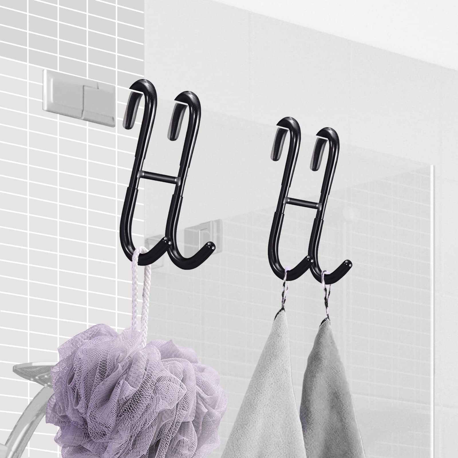 Premium 2-Pack 304 Stainless Steel Matte Black Shower Door Hooks - No Punch Installation for Frameless Glass Doors - Holds Robes, Bathing Suits, Towels & Squeegees - Durable Bathroom Accessory for Spa-Like Shower Organization (Black)