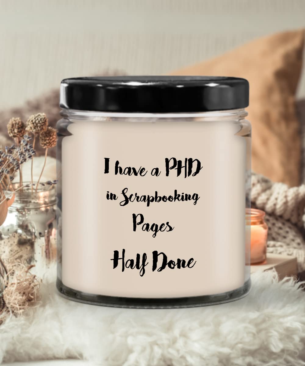 PhD in Scrapbooking Scented Candle Gift - 9oz Vanilla Jar Candle with Lid for Men & Women - Perfect for Relaxation, Crafting & Home Decor