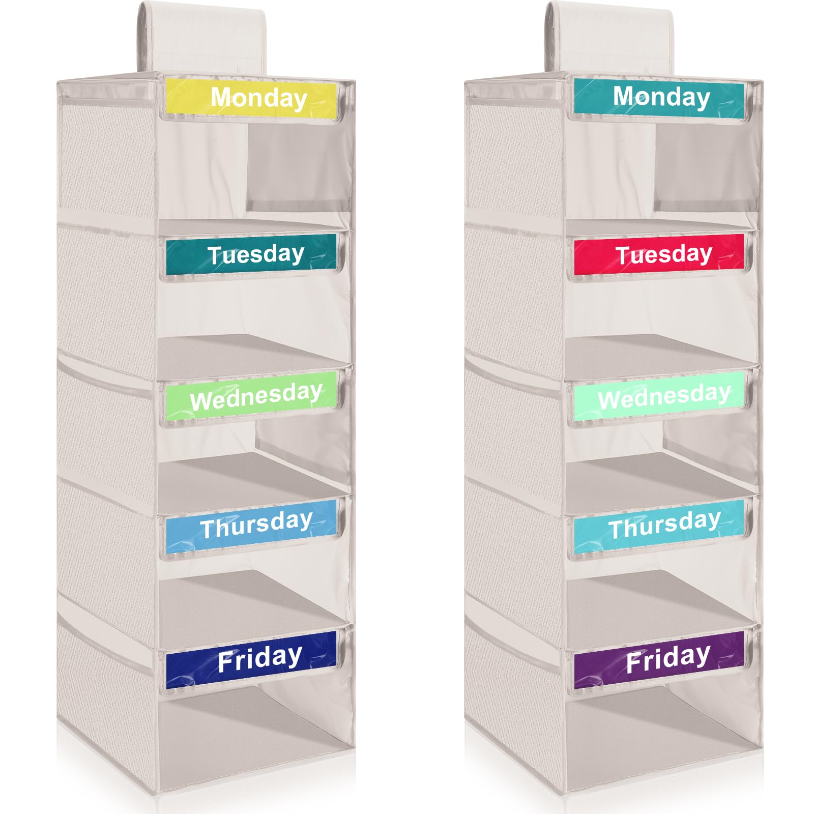2 Pack Beige Collapsible Hanging Closet Organizers for Kids - Weekly Shelf Dividers for Clothes, Sweaters & Baseball Hats - Perfect for Dorm, Bedroom & Closet Storage (Space-Saving & Foldable)