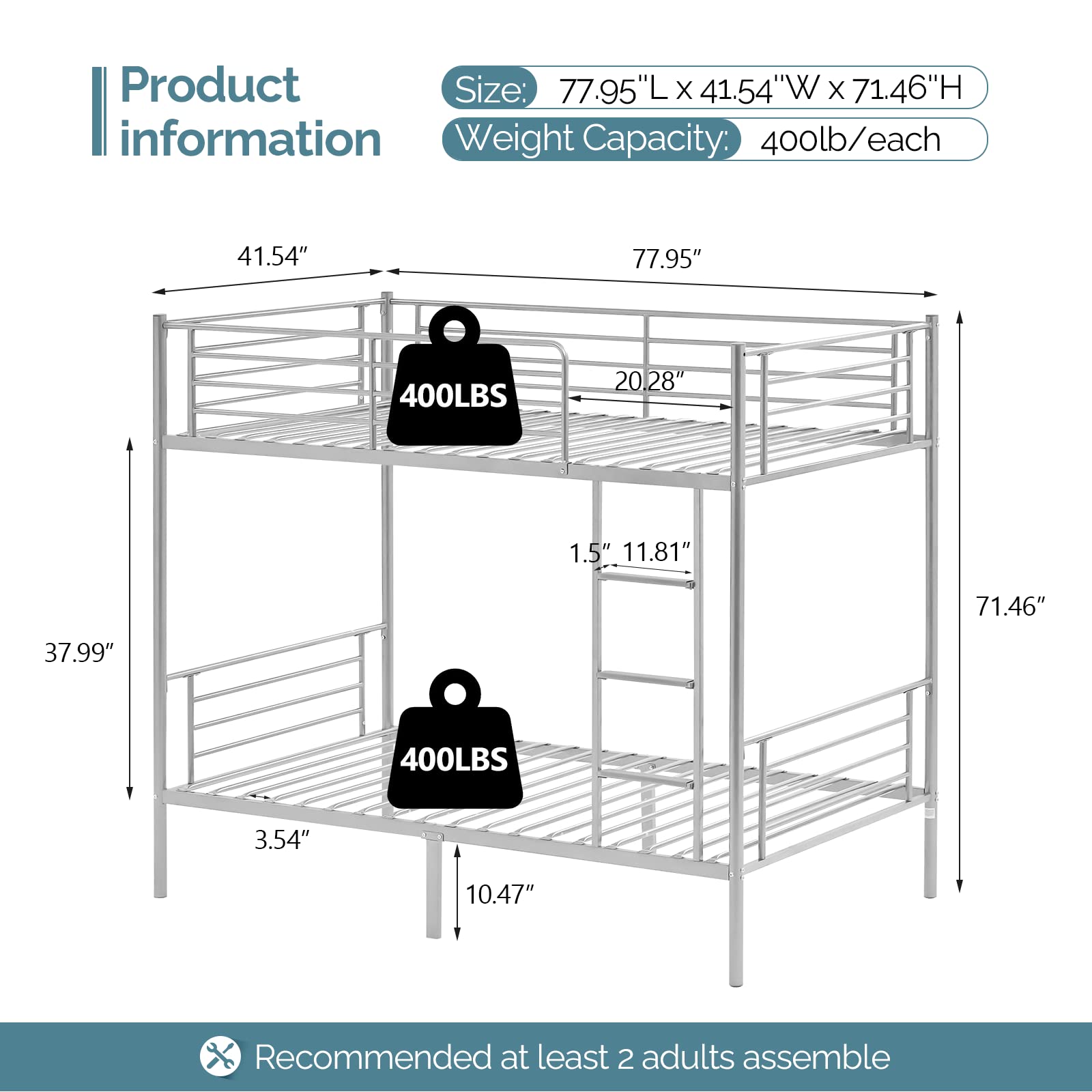 VINGLI Twin Over Twin Metal Bunk Bed - Heavy Duty Steel Frame with Flat Steps for Kids, Teens & Adults - Space Saving Gray Bunk Bed for Small Rooms, Dorms & Guest Rooms