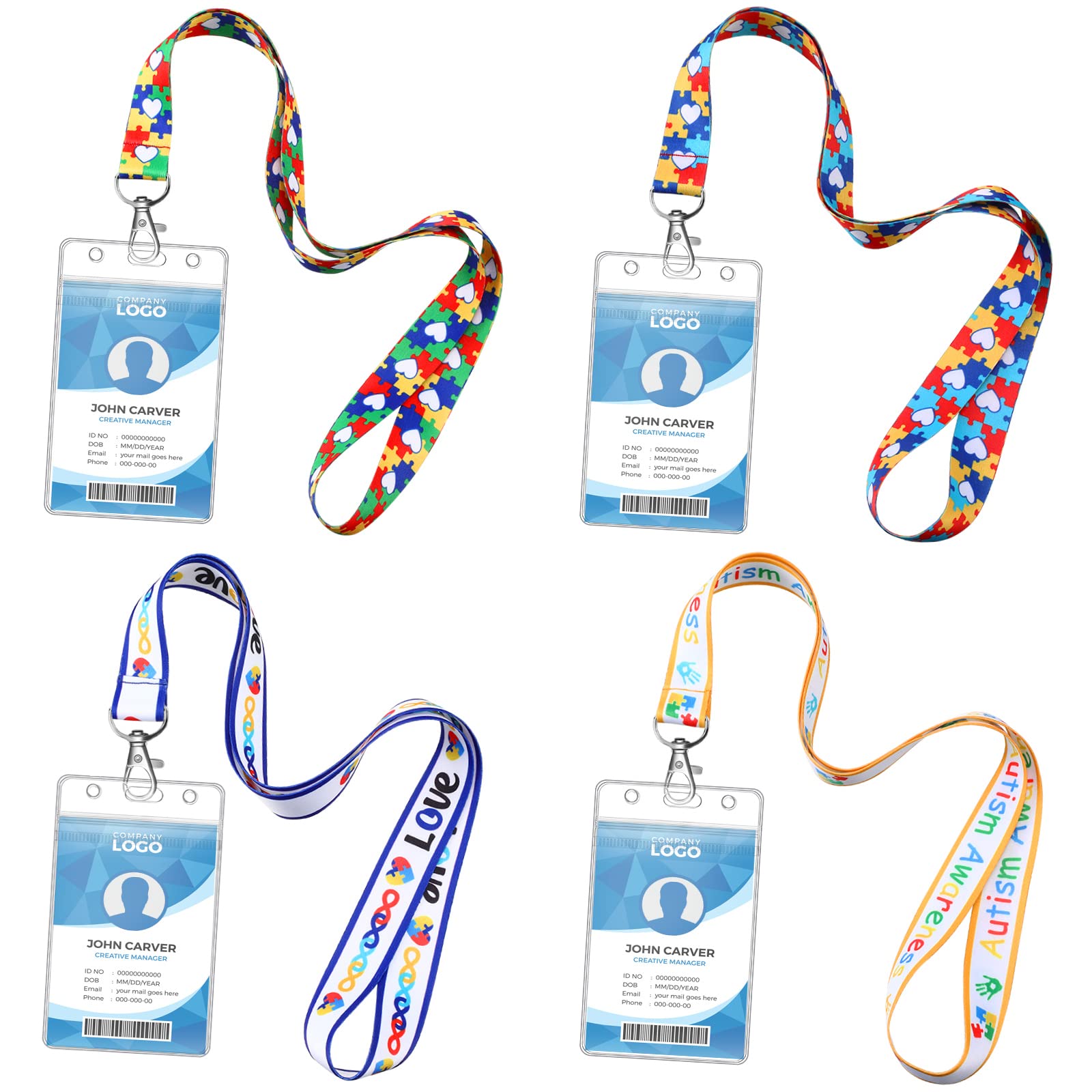 Autism Awareness Lanyard Set - 4 Puzzle Piece Keychains with ID Holders for School & Work