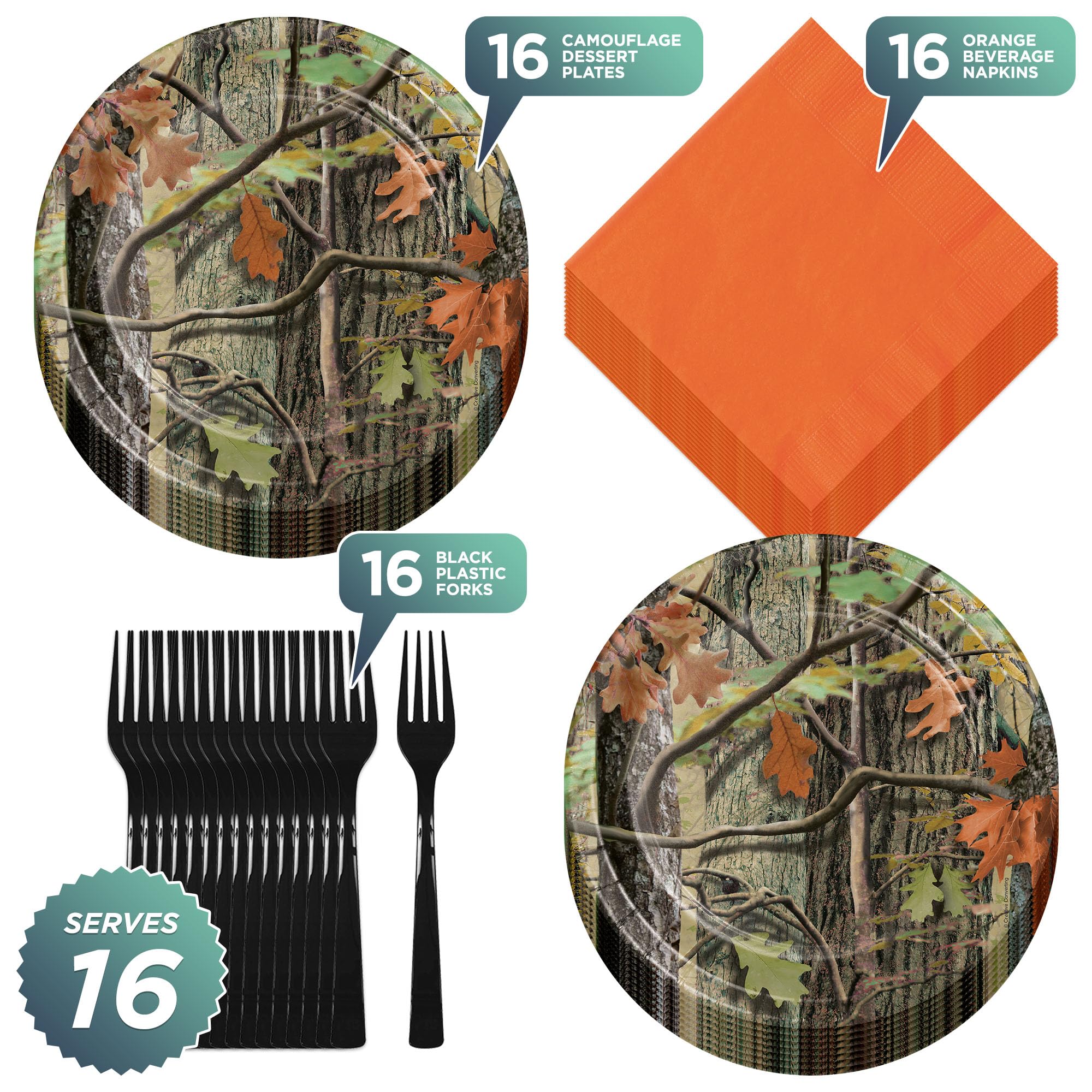 Camouflage Hunting Party Supplies Set - 16 Camo Paper Dessert Plates, Beverage Napkins & Forks for Outdoor Themed Events, Birthday Parties, and Camping Adventures
