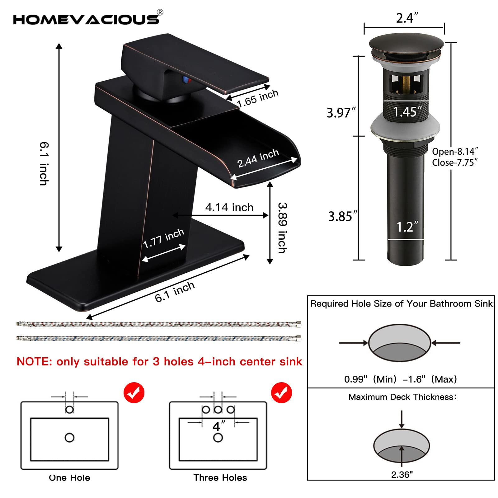 Modern Black Waterfall Bathroom Faucet - Single Hole Vanity Sink Faucet with Pop-Up Drain & Deck Plate - Matte Finish Single Handle Lavatory Mixer Tap for Bathroom, RV & Commercial Use - Sleek Design for Modern Home Decor