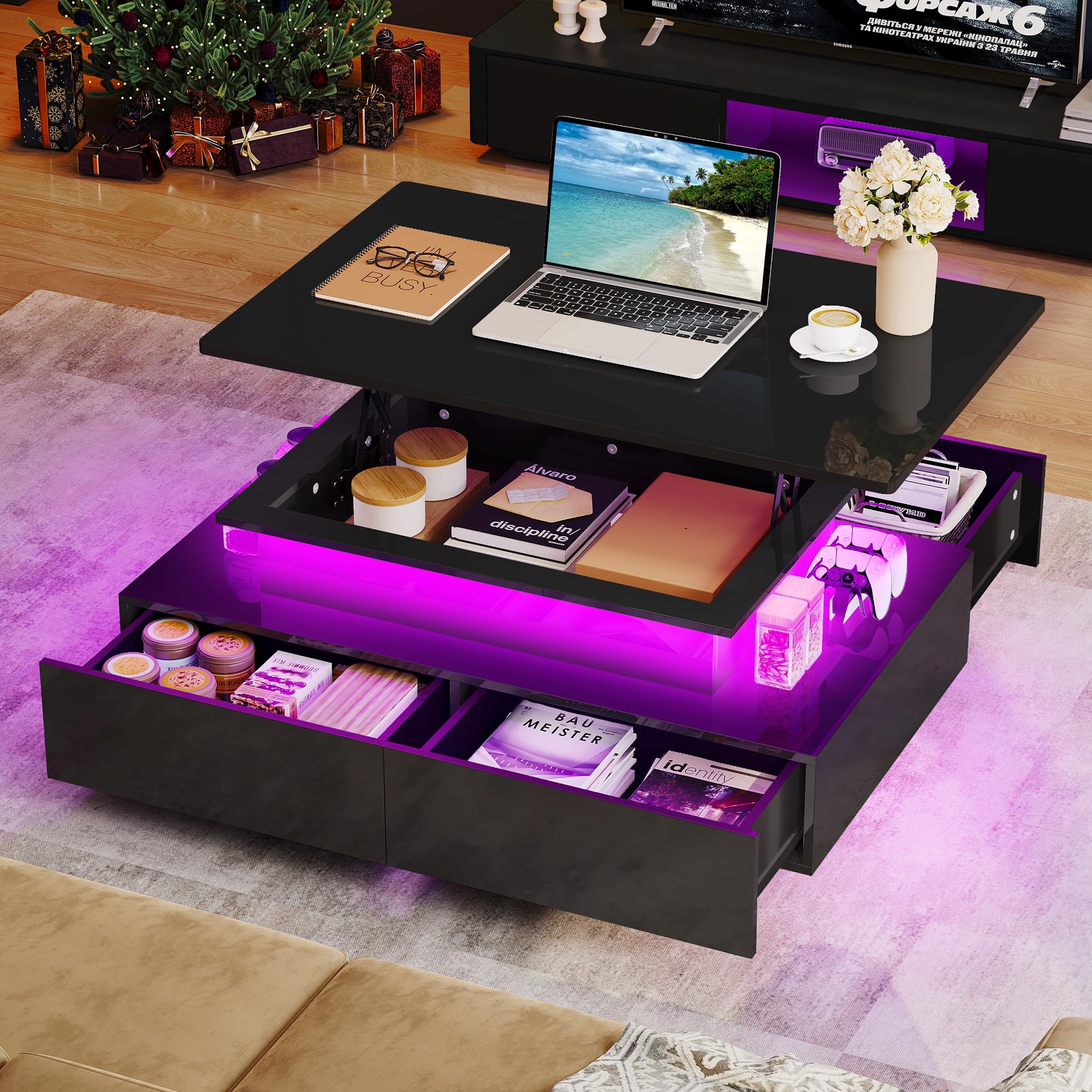 YITAHOME Lift Top Coffee Table with Storage & LED Lights - Modern Rectangular Living Room Table with 4 Spacious Drawers - Perfect for Small Spaces, Home Office & Entertainment Areas (Black)