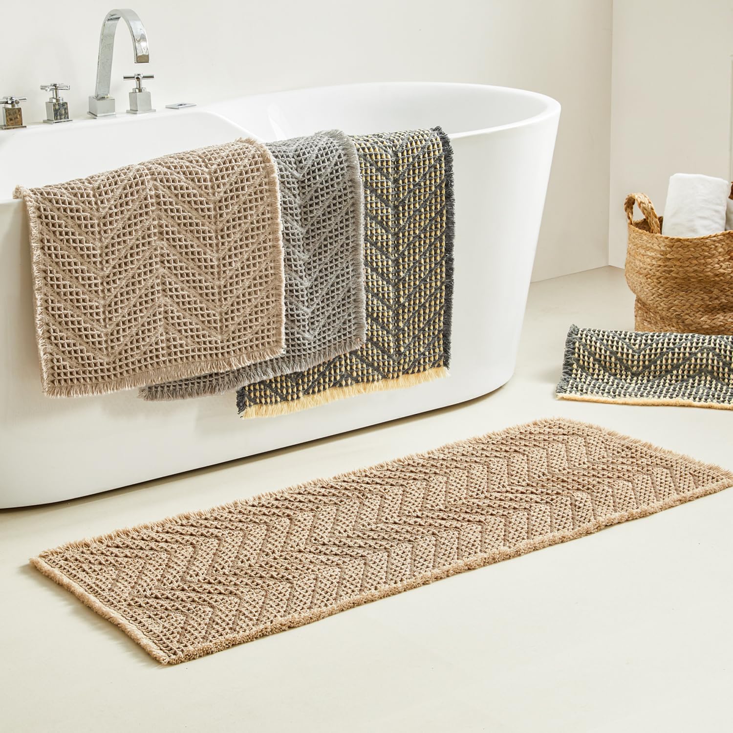 2'x6' Waffle Self-Drying Bath Mat - Non-Slip Ultra Soft Bathroom Rug in Bluish Grey & Yellow - Perfect for Bathroom, Shower, and Vanity Areas