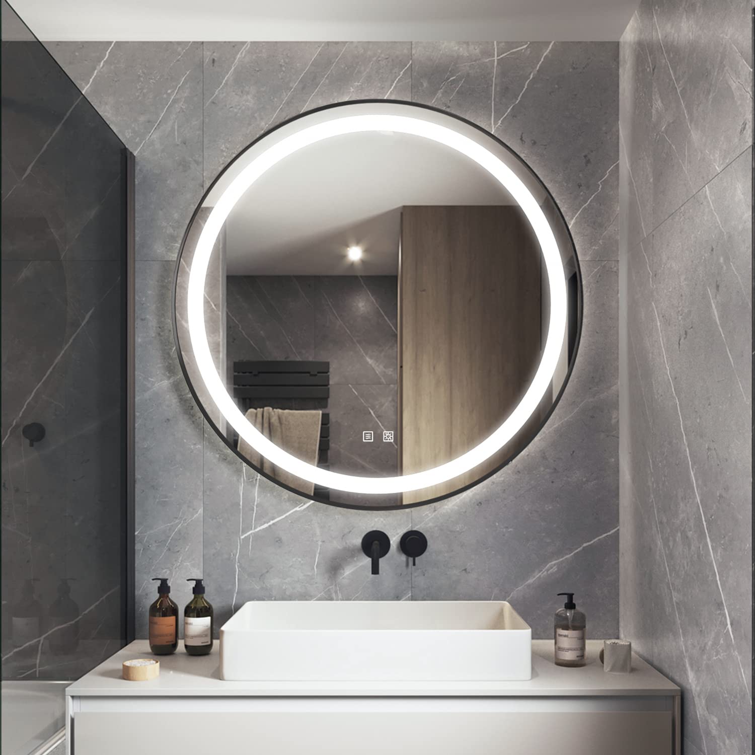 18 Inch Black Round LED Bathroom Mirror with Smart Touchless Sensor - Dimmable Wall Mounted Vanity Mirror with 3 Lighting Colors, Anti-Fog, CRI 90+, IP54 Waterproof - Perfect for Modern Bathrooms, Makeup Vanity & Home Decor