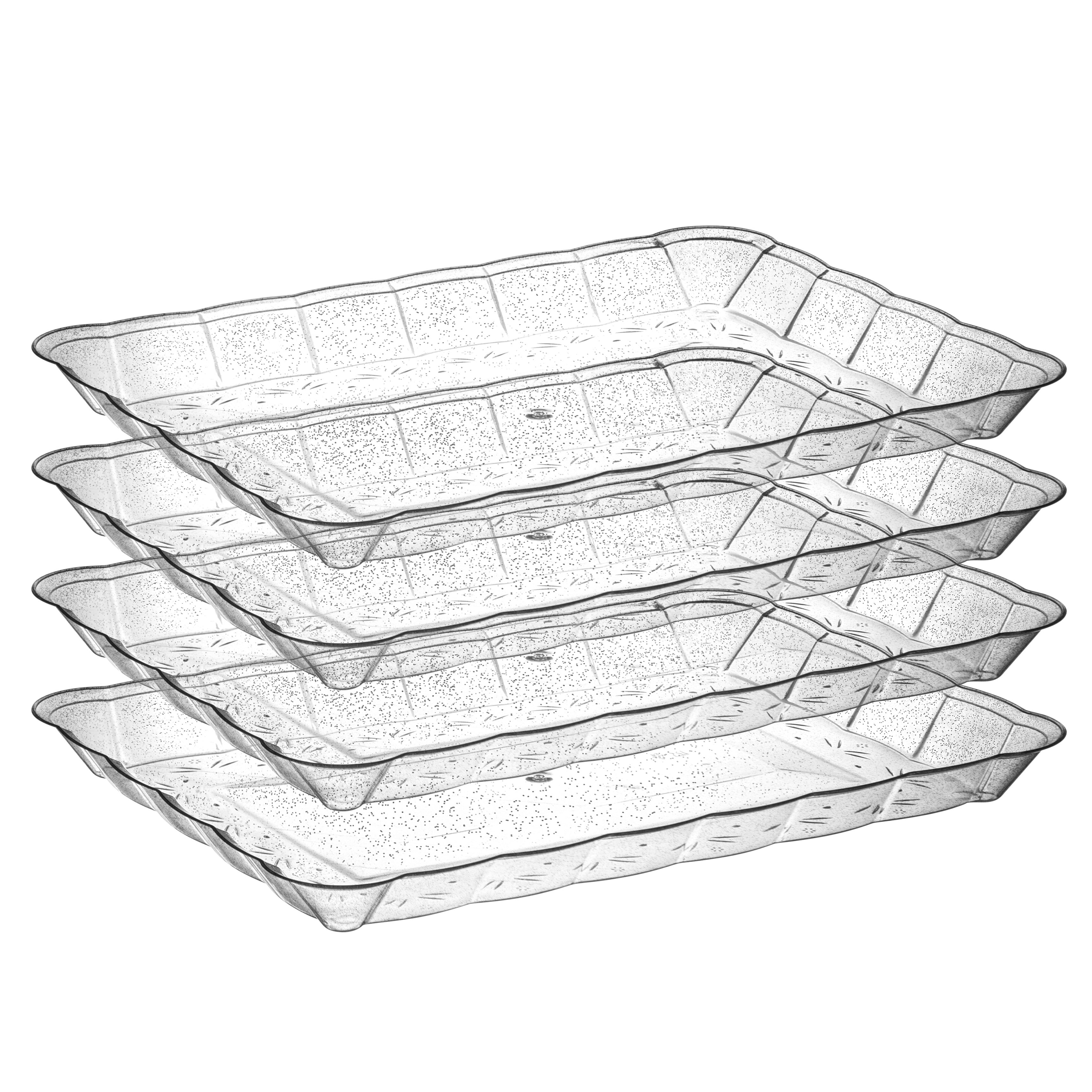 Scalloped Silver Glitter Rectangular Serving Tray Set of 4 - Elegant Party Platter for Wedding, Baby Shower & Holiday Entertaining