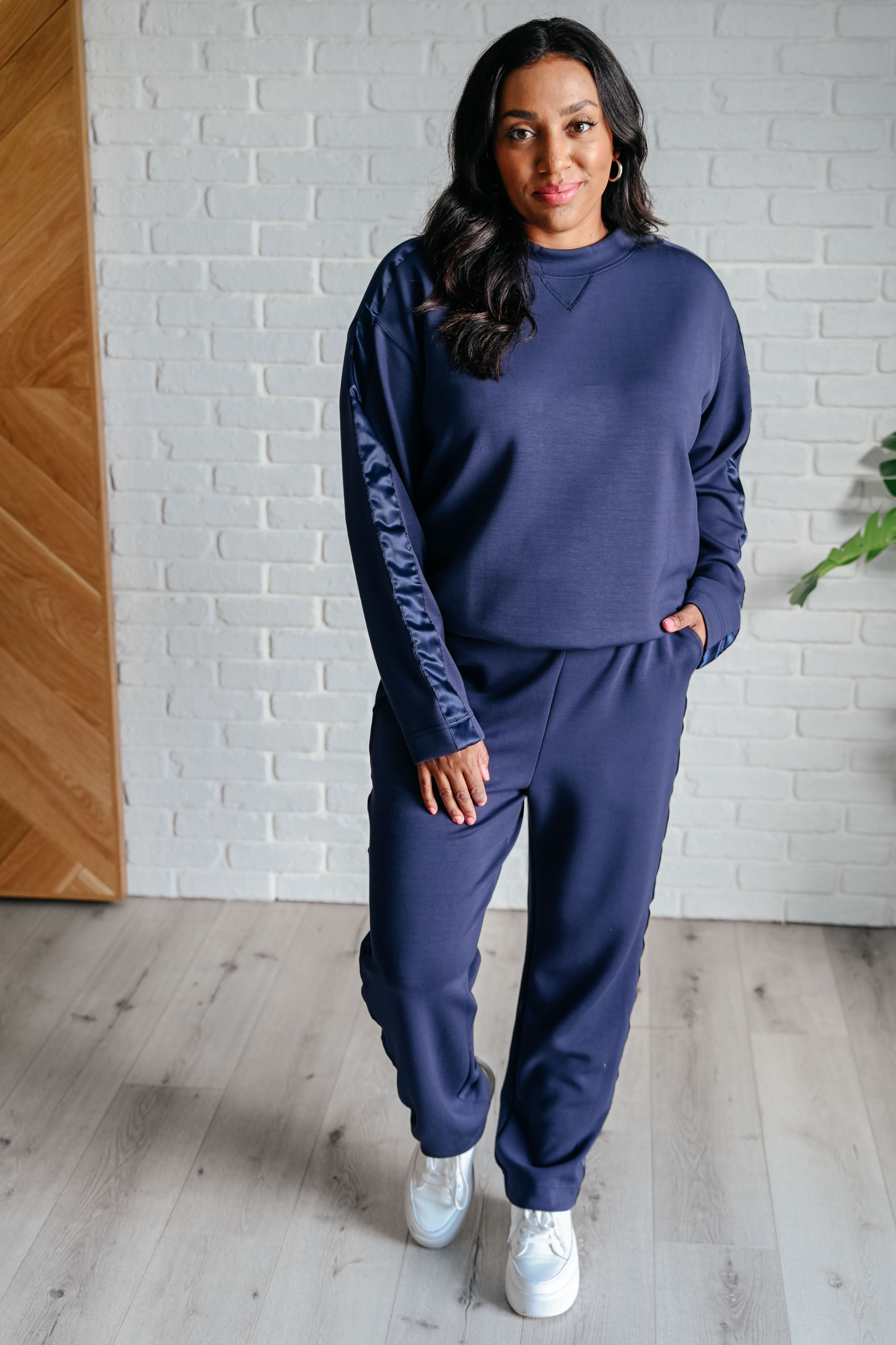 Lysa Women's Satin Striped Lounge Pants - Soft Comfortable Sleepwear Pajama Bottoms in Smoky Navy Blue - Perfect for Relaxing at Home, Yoga & Travel