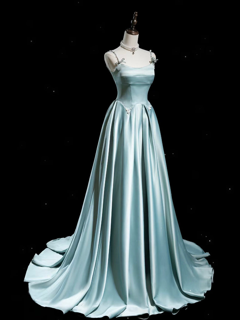Elegant A-Line Blue Satin Long Prom Dress - Formal Evening Gown for Homecoming, Wedding & Special Occasions