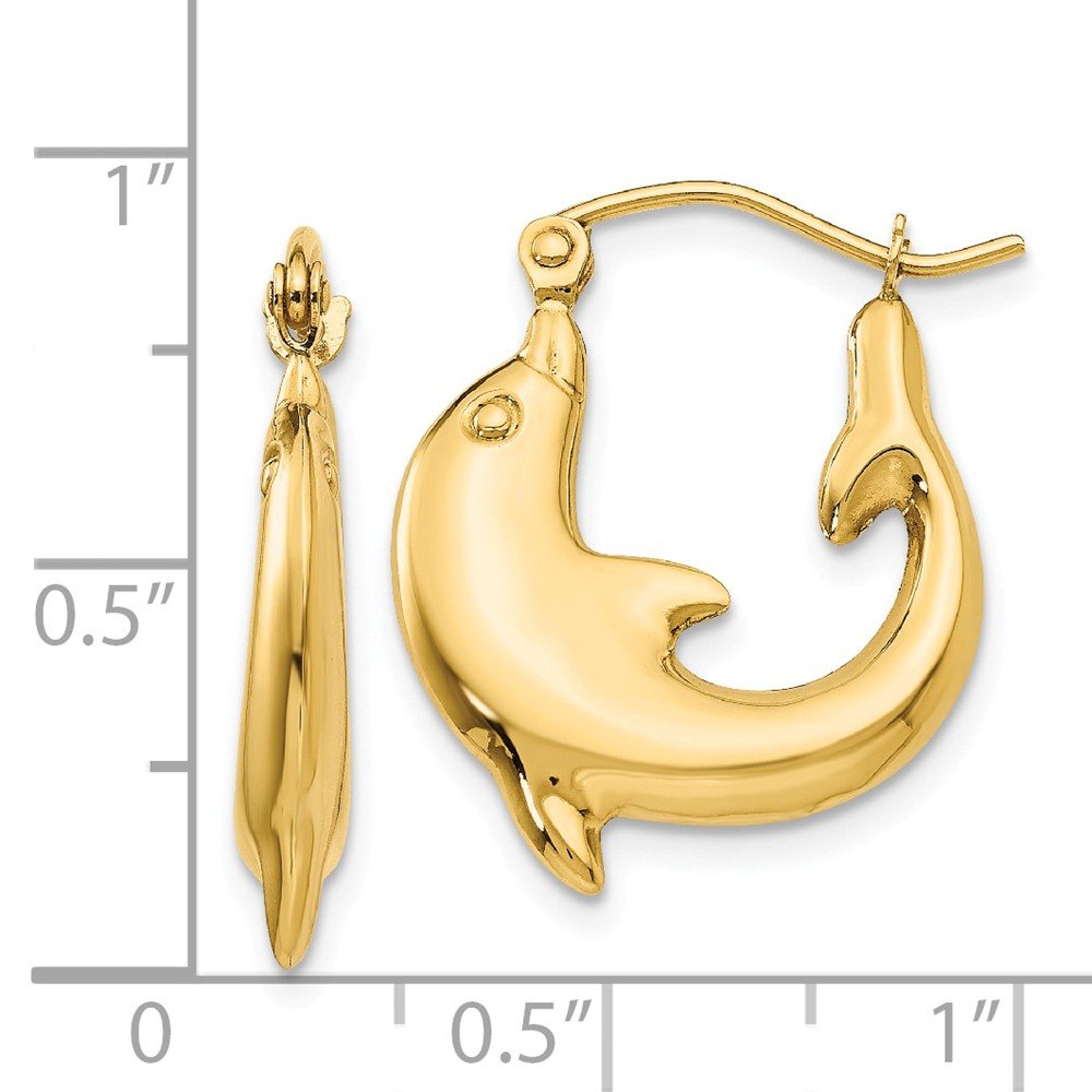 14K Yellow Gold Polished Dolphin Hoop Earrings - 10mm x 3mm Dainty Marine Jewelry for Women, Perfect for Beach Vacations & Summer Outfits